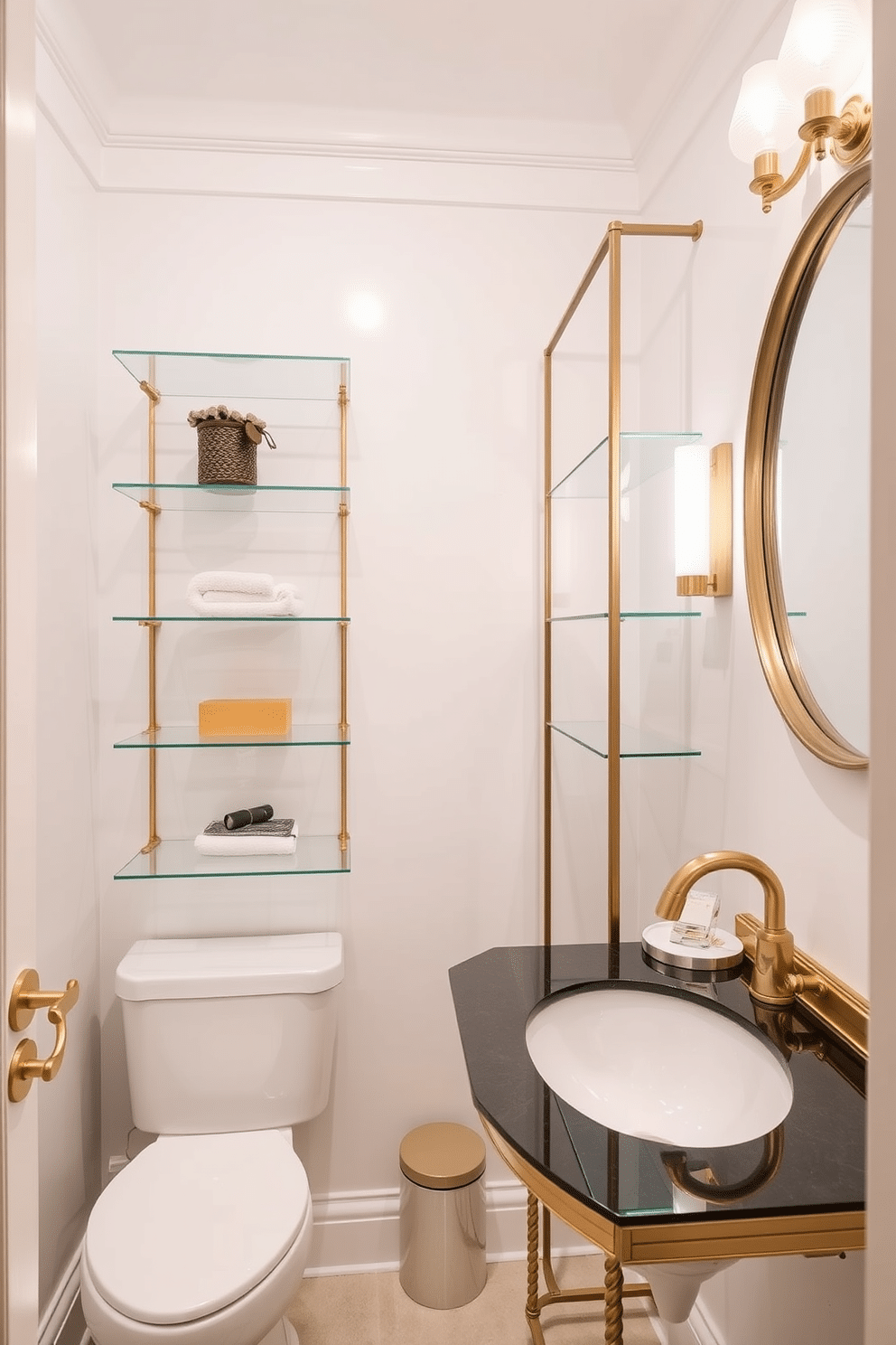 A chic powder room featuring glass shelving that creates an open and airy atmosphere. The walls are adorned with a soft white hue, complemented by elegant gold accents throughout the space.