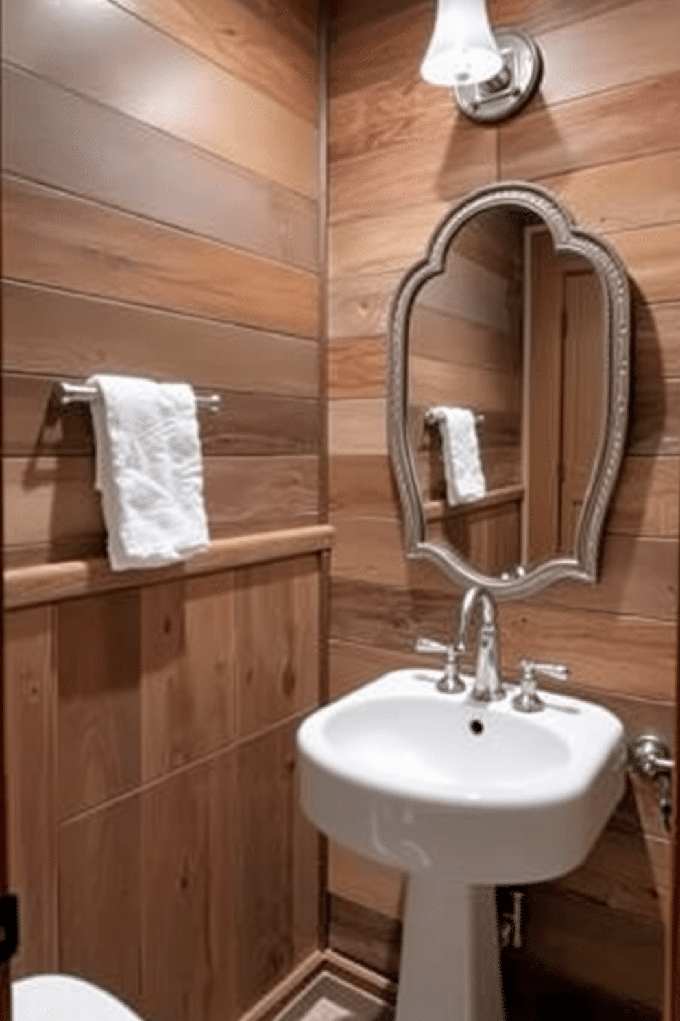 A charming powder room featuring rustic wood accents that add warmth and character. The walls are adorned with reclaimed wood paneling, complemented by a sleek white pedestal sink and a vintage-style mirror.