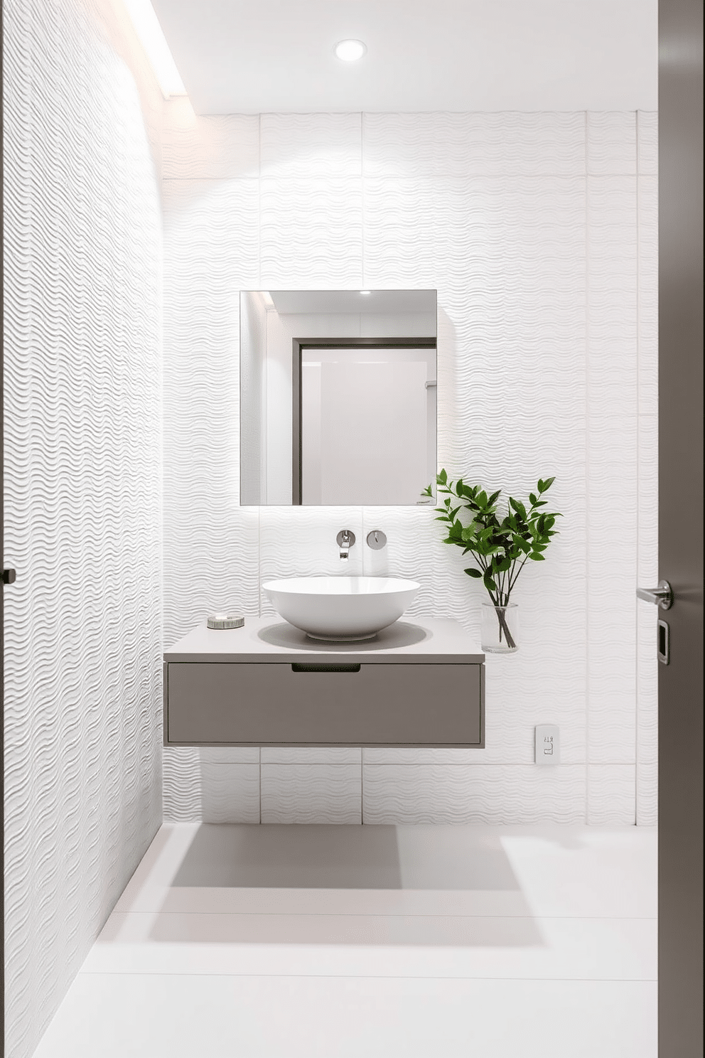 A sleek floating vanity is the centerpiece of this modern white powder room, featuring clean lines and minimalist design. The vanity is paired with a stylish vessel sink and a wall-mounted faucet, creating an open and airy feel. The walls are adorned with textured white tiles that reflect light, enhancing the room's brightness. A large, frameless mirror above the vanity adds depth, while subtle accent lighting creates a warm ambiance.