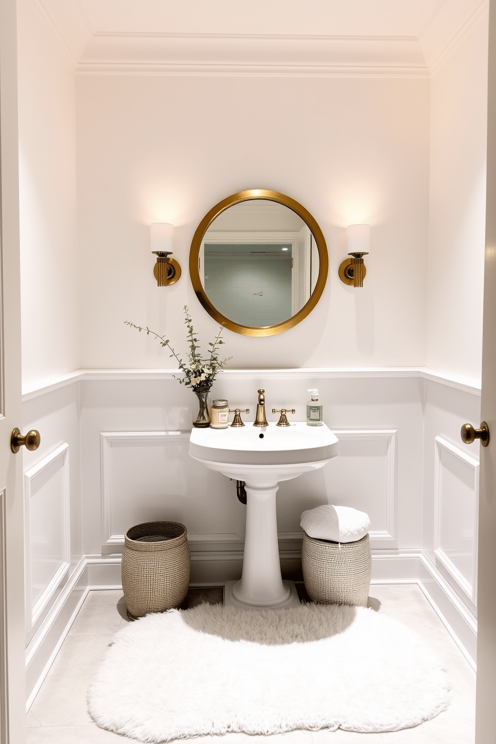 A serene white powder room featuring soft, ambient lighting that casts a warm glow throughout the space. The walls are adorned with elegant wainscoting, and a stylish pedestal sink is complemented by a chic, round mirror framed in brushed gold. A plush white rug lies beneath the sink, adding a touch of comfort to the room. Decorative accents, such as a small potted plant and scented candles, are strategically placed to enhance the cozy atmosphere.