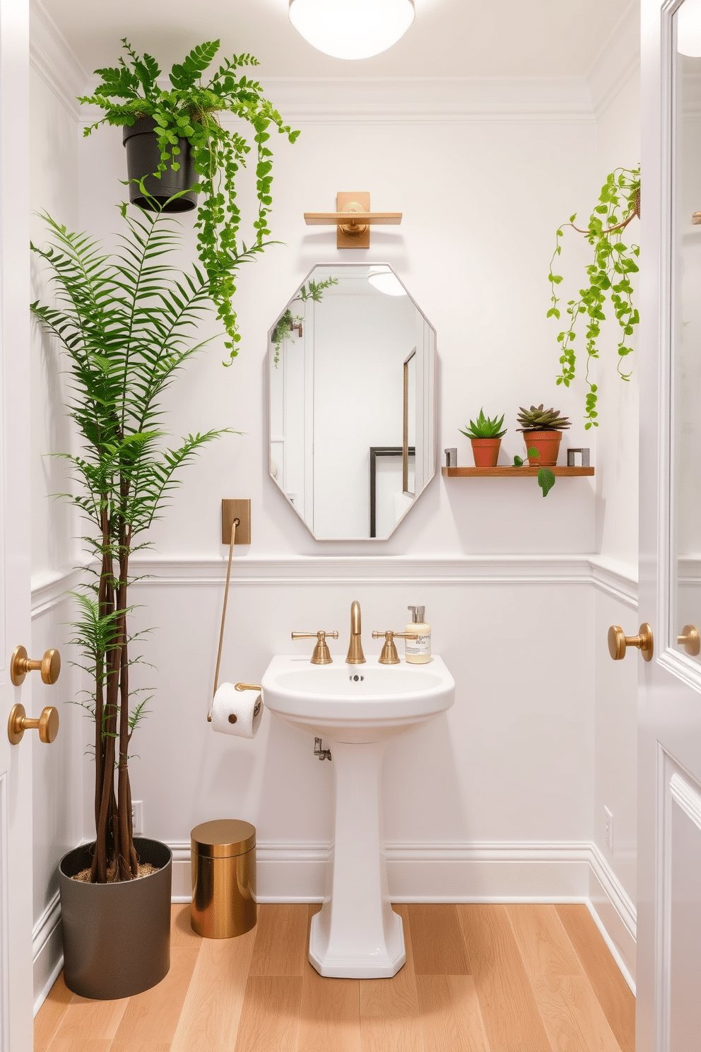 A chic powder room adorned with decorative plants that bring a fresh and vibrant feel. The walls are painted in a soft white, complementing the elegant fixtures and a sleek pedestal sink. In one corner, a tall potted fern adds height and greenery, while smaller succulents are strategically placed on shelves. The flooring features a light, natural wood finish, enhancing the airy atmosphere of the space.