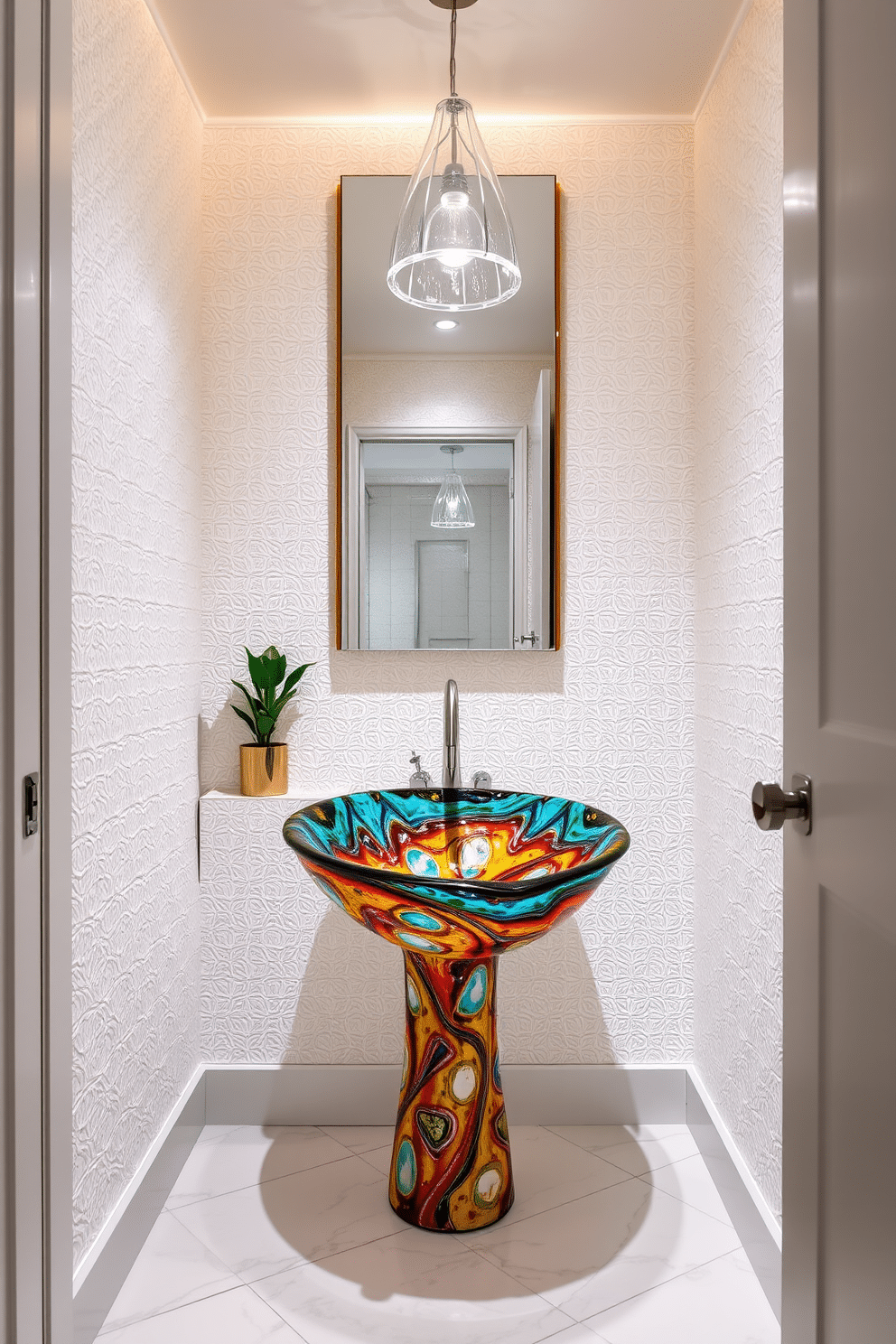 A stunning powder room features a unique vessel sink crafted from hand-blown glass, showcasing vibrant colors and intricate patterns. The walls are adorned with a textured wallpaper in soft white, and the floor is finished with elegant marble tiles that complement the artistic flair of the sink. The lighting is soft and ambient, with a sculptural pendant light hanging above the sink, casting a warm glow. A sleek, modern faucet in brushed nickel completes the look, while a small potted plant adds a touch of greenery to the space.