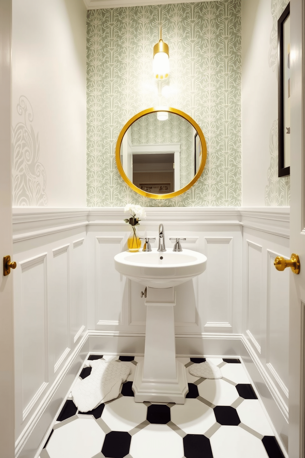 A stylish powder room featuring classic white wainscoting with a modern twist. The walls are adorned with sleek, geometric wallpaper above the wainscoting, creating a striking contrast. The floor showcases elegant black and white hexagonal tiles that add a touch of sophistication. A contemporary pedestal sink with a polished chrome faucet is complemented by a round mirror framed in brushed gold.