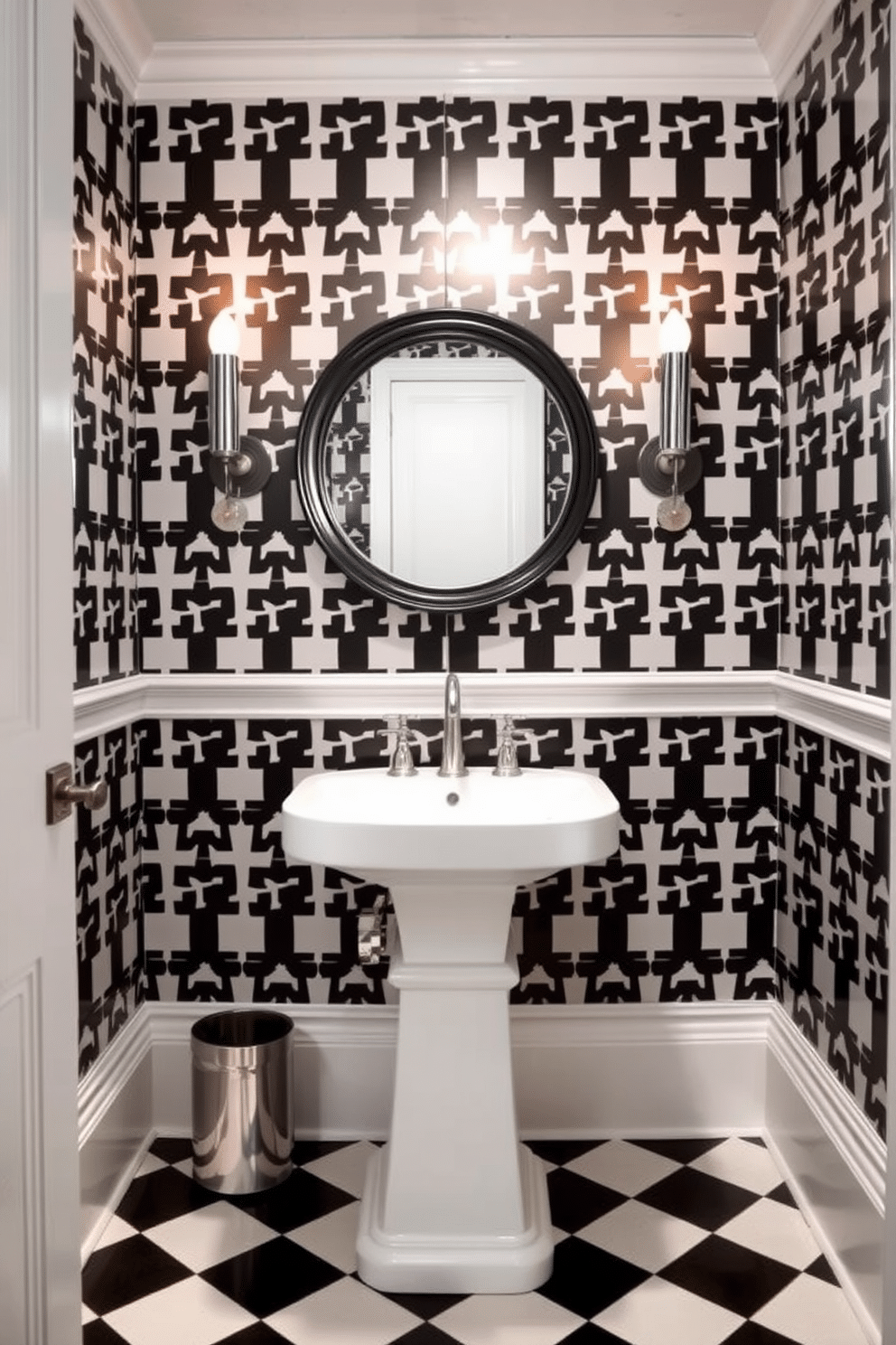 A stylish powder room featuring a striking black and white color scheme. The walls are adorned with bold black and white geometric wallpaper, creating a dramatic backdrop for the sleek white pedestal sink. A large round mirror with a black frame hangs above the sink, reflecting the elegant lighting fixtures on either side. The floor is covered in black and white checkered tiles, adding a classic touch to the contemporary design.