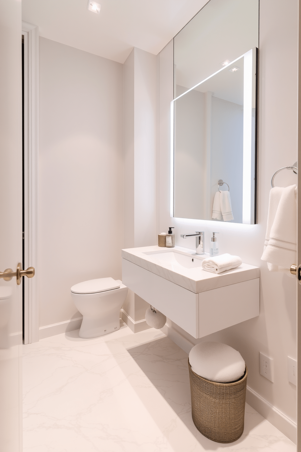 A luxurious powder room featuring stunning white marble flooring that exudes elegance and sophistication. The walls are adorned with soft, muted tones, complemented by sleek, modern fixtures that enhance the high-end aesthetic. Incorporate a stylish floating vanity with a polished chrome faucet and a large, frameless mirror that reflects light beautifully. Accentuate the space with tasteful accessories, such as a chic soap dispenser and plush, white towels for a refined finishing touch.