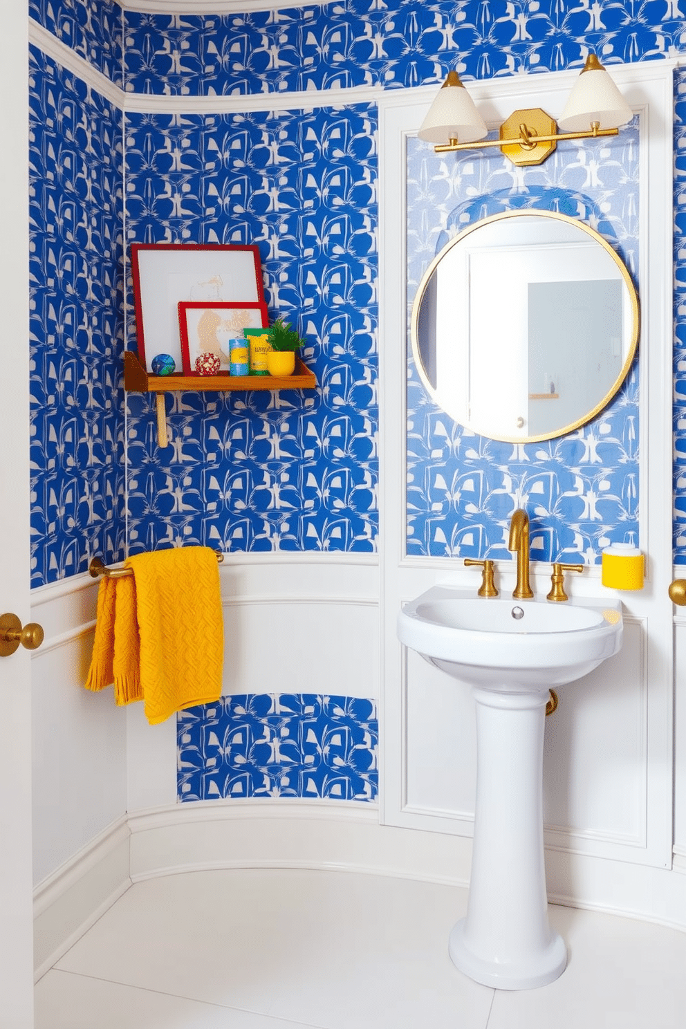 A chic powder room featuring a pristine white base with bold color accents, including vibrant blue and yellow decor elements. The walls are adorned with a striking geometric wallpaper, and a stylish round mirror with a gold frame hangs above a sleek white pedestal sink. To the left, a small wooden shelf displays colorful decorative items, while a plush yellow towel is neatly arranged on a brass towel rack. The floor is tiled with large white porcelain tiles, providing a clean and modern look that complements the bold accents.