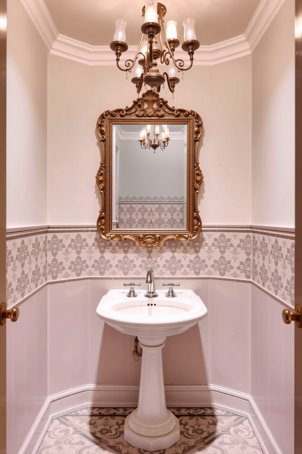 A vintage-inspired powder room featuring intricate, patterned tiles that evoke a sense of nostalgia and elegance. The walls are painted in a soft pastel hue, complementing the tiles and creating a serene atmosphere. In the center, a classic pedestal sink with a polished chrome faucet is adorned with vintage-style fixtures. Above the sink, an ornate mirror with a decorative frame reflects the warm light from a stylish chandelier hanging from the ceiling.