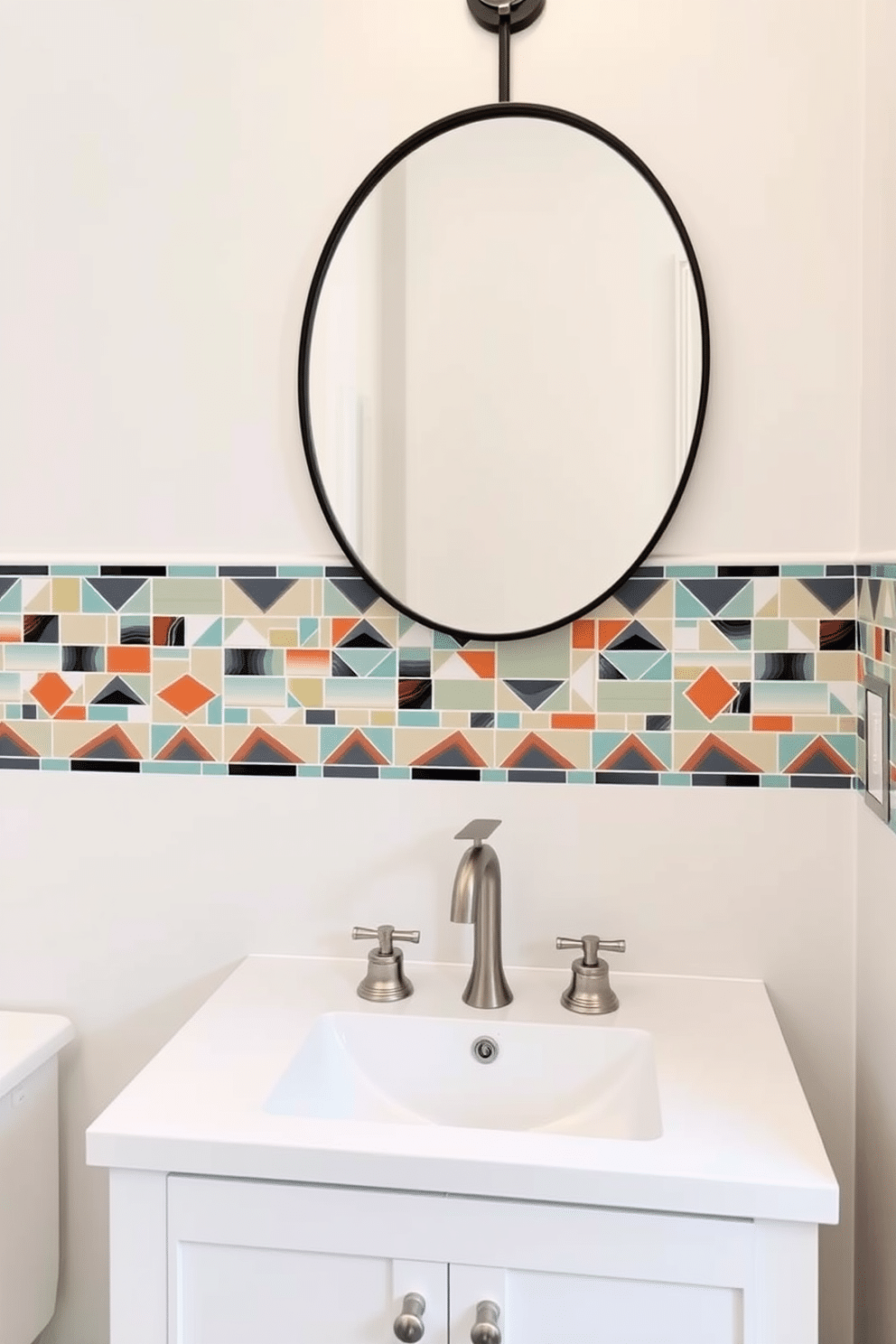 Artistic backsplash tiles in a striking geometric pattern create a focal point above the sleek white sink, enhancing the modern aesthetic of the space. The walls are painted in a soft, neutral tone, complementing the vibrant colors of the backsplash while maintaining an airy feel. In this elegant powder room, a minimalist white vanity with brushed nickel fixtures contrasts beautifully with the artistic backsplash. A round mirror with a thin black frame hangs above the sink, reflecting the stylish design elements and adding depth to the room.