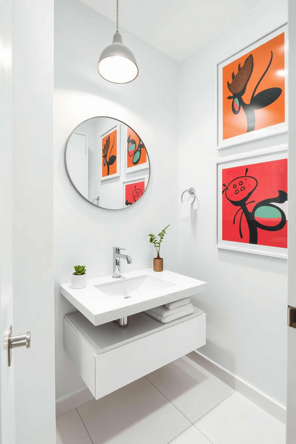 A chic white powder room featuring a sleek floating vanity with a polished chrome faucet. The walls are adorned with contemporary artwork that adds a vibrant pop of color, complemented by a minimalist round mirror above the vanity. The floor is finished with large-format white tiles, while a stylish pendant light illuminates the space. Accents of greenery, such as a small potted plant, bring a touch of nature to the modern design.