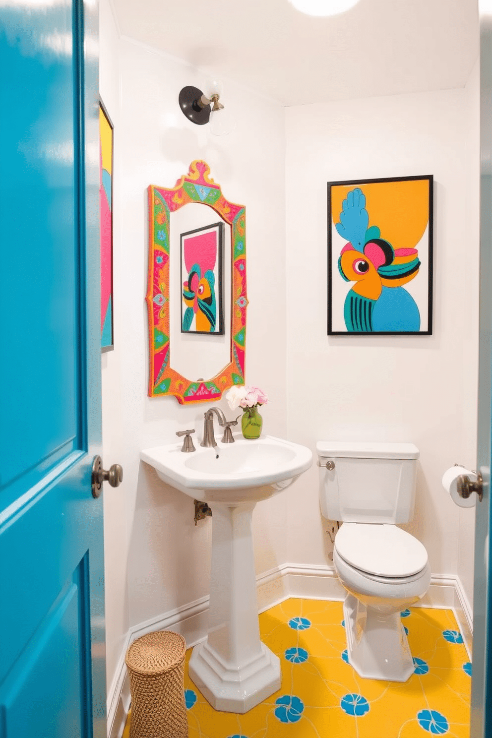 A bright powder room filled with cheerful accents. The walls are painted a crisp white, adorned with vibrant artwork featuring bold colors that pop against the neutral backdrop. A stylish pedestal sink is complemented by a playful, colorful mirror that adds a touch of whimsy. The flooring features cheerful patterned tiles in shades of yellow and blue, enhancing the room's lively atmosphere.