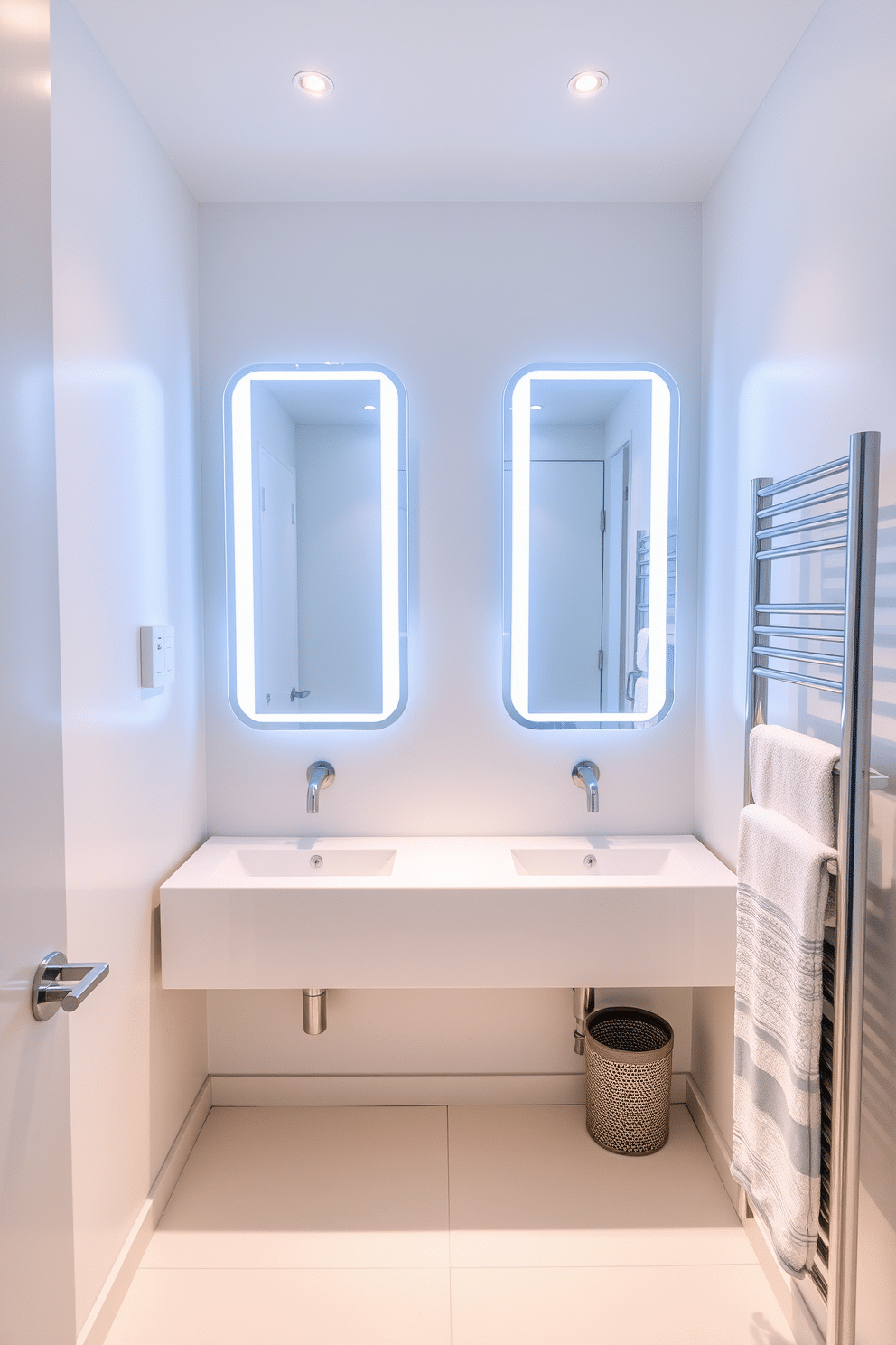 A sleek white powder room featuring a minimalist design that seamlessly integrates technology. Smart mirrors with built-in lighting and touch controls are mounted above a floating vanity with a glossy white finish. The room is accented with high-tech fixtures, including a touchless faucet and a heated towel rack. Soft ambient lighting is provided by recessed ceiling lights, creating a warm and inviting atmosphere.