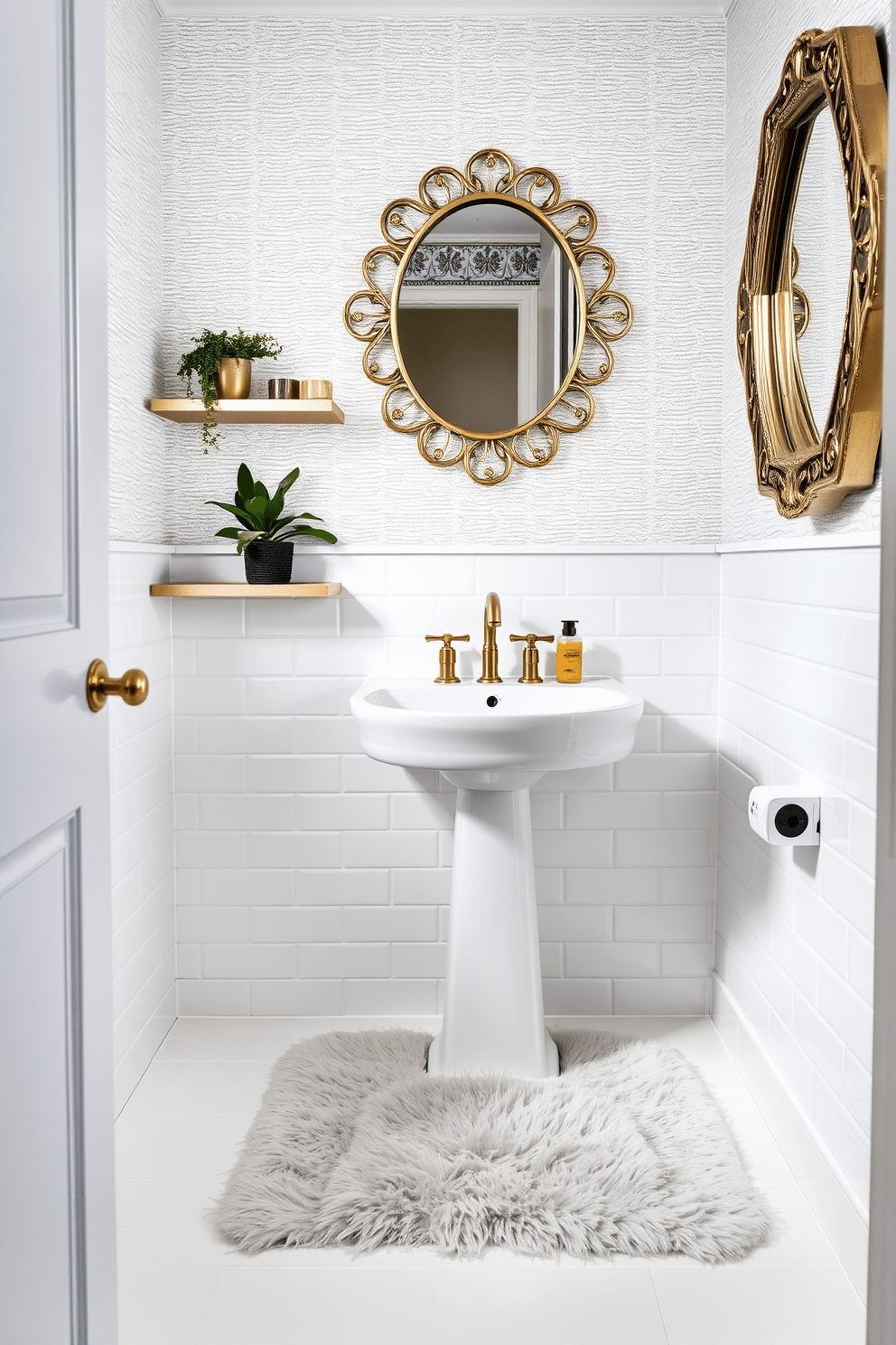 A chic white powder room featuring layered textures for visual interest. The walls are adorned with a textured wallpaper that adds depth, complemented by a sleek white pedestal sink and a modern gold faucet. A soft, plush rug lies beneath the sink, contrasting with the glossy white tiles. Accents of greenery are introduced through a small potted plant on a floating shelf, while a decorative mirror with a unique frame enhances the room's elegance.