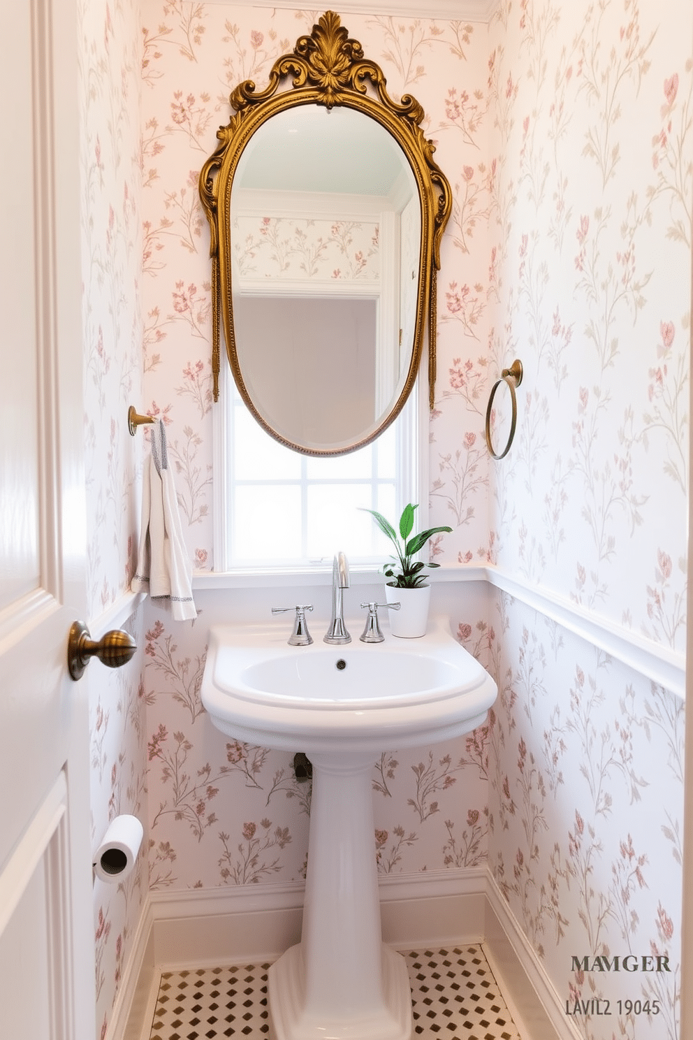 Chic pedestal sink in a white powder room adorned with delicate floral wallpaper that adds a touch of elegance. The space features a vintage-inspired mirror above the sink, framed in antique gold, and a small potted plant on the windowsill for a fresh touch.