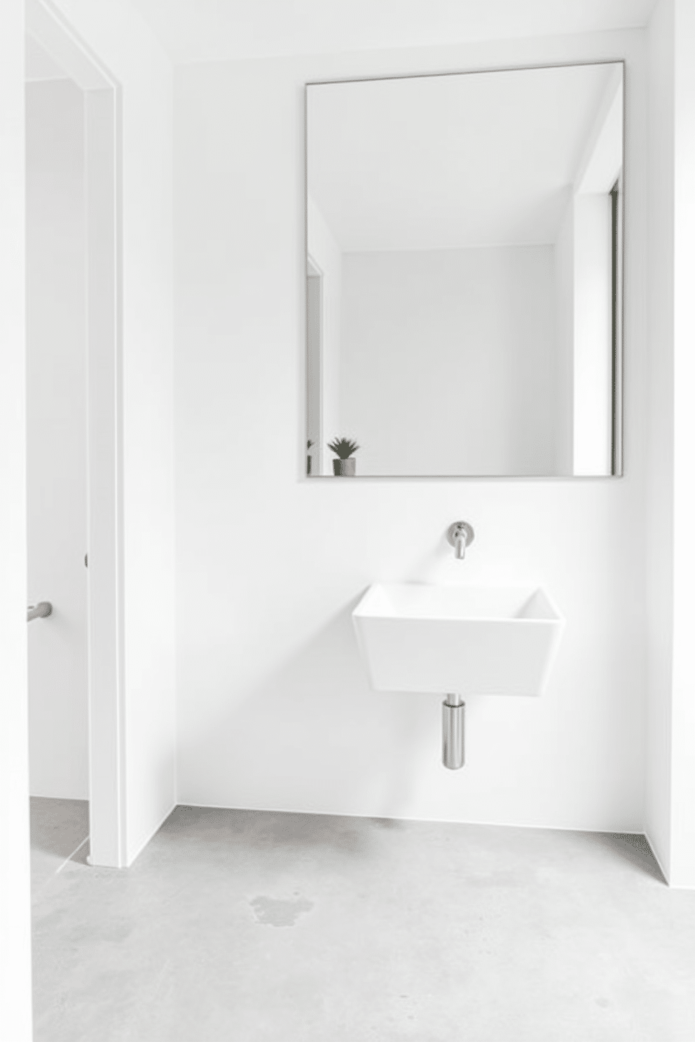 A minimalist powder room designed with sleek lines features a wall-mounted sink with a simple, angular shape. The walls are painted in a crisp white, creating an airy feel, while a large, frameless mirror reflects the light and enhances the space. The flooring is a smooth, polished concrete that complements the minimalist aesthetic. A single decorative element, such as a small potted plant, adds a touch of warmth without cluttering the design.