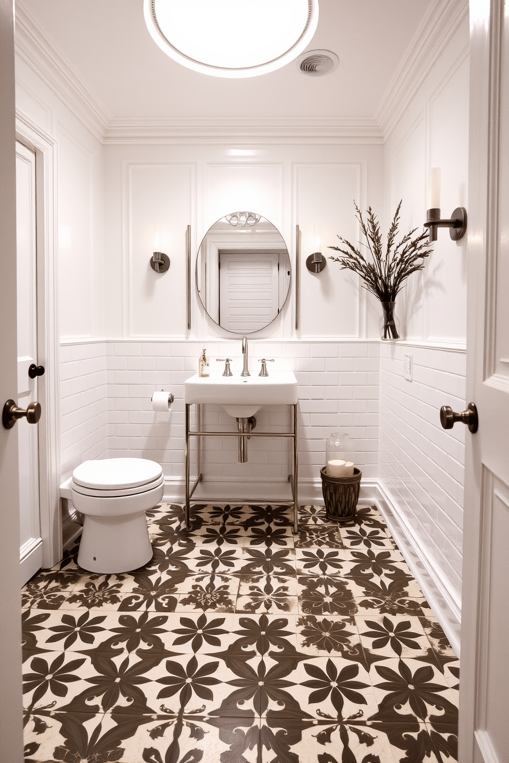 A chic powder room featuring bold patterned tiles that create a striking visual impact on the floor. The walls are adorned with a soft white finish, complemented by sleek fixtures and elegant accessories.