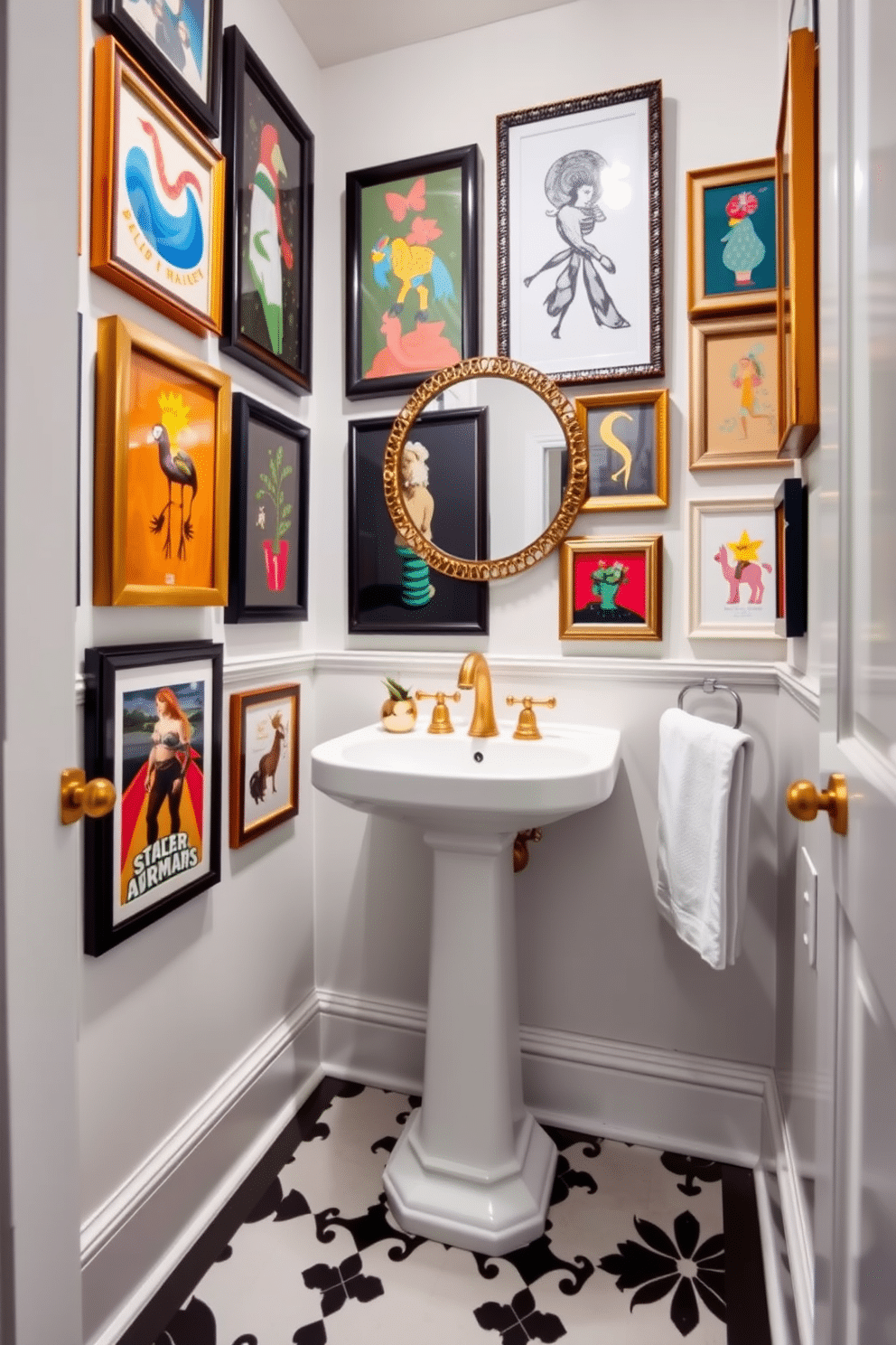 A chic powder room featuring a sleek white pedestal sink complemented by a gold faucet. The walls are adorned with an array of framed art pieces that showcase vibrant colors and unique styles, adding personality and flair to the space. The flooring consists of elegant black and white tiles that create a striking contrast with the light walls. A small round mirror with a decorative frame hangs above the sink, reflecting the artistic elements and enhancing the room's charm.