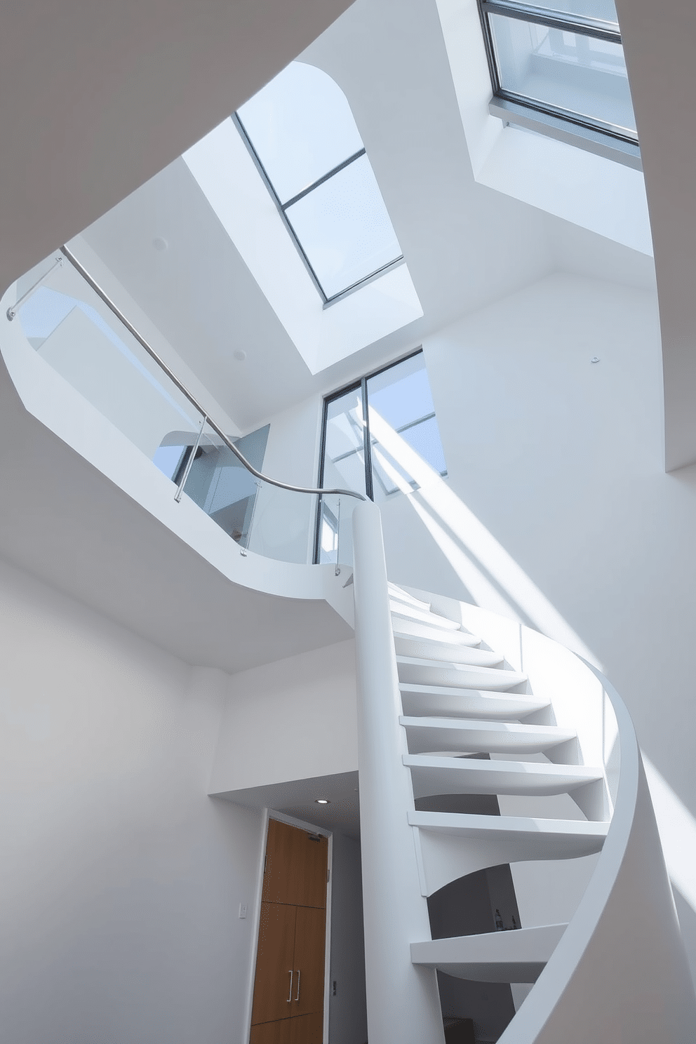 A sleek white spiral staircase gracefully ascends, featuring a modern design that emphasizes clean lines and minimalism. The glass railing enhances the open feel of the space, allowing natural light to flow through while providing safety and elegance.