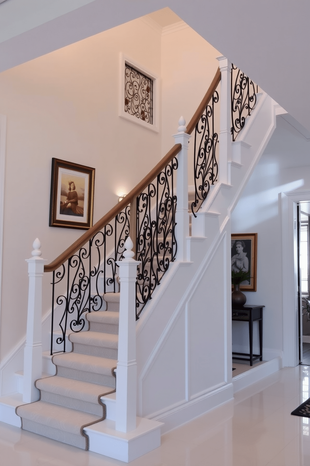 An elegant white staircase ascends gracefully, featuring intricate wrought iron railings that add a touch of sophistication. Soft, ambient lighting highlights the sleek lines of the staircase, creating a stunning focal point in the entryway. The stairs are adorned with a plush runner, providing comfort and contrast against the crisp white finish. Decorative wall art flanks the staircase, enhancing the overall elegance of the space.