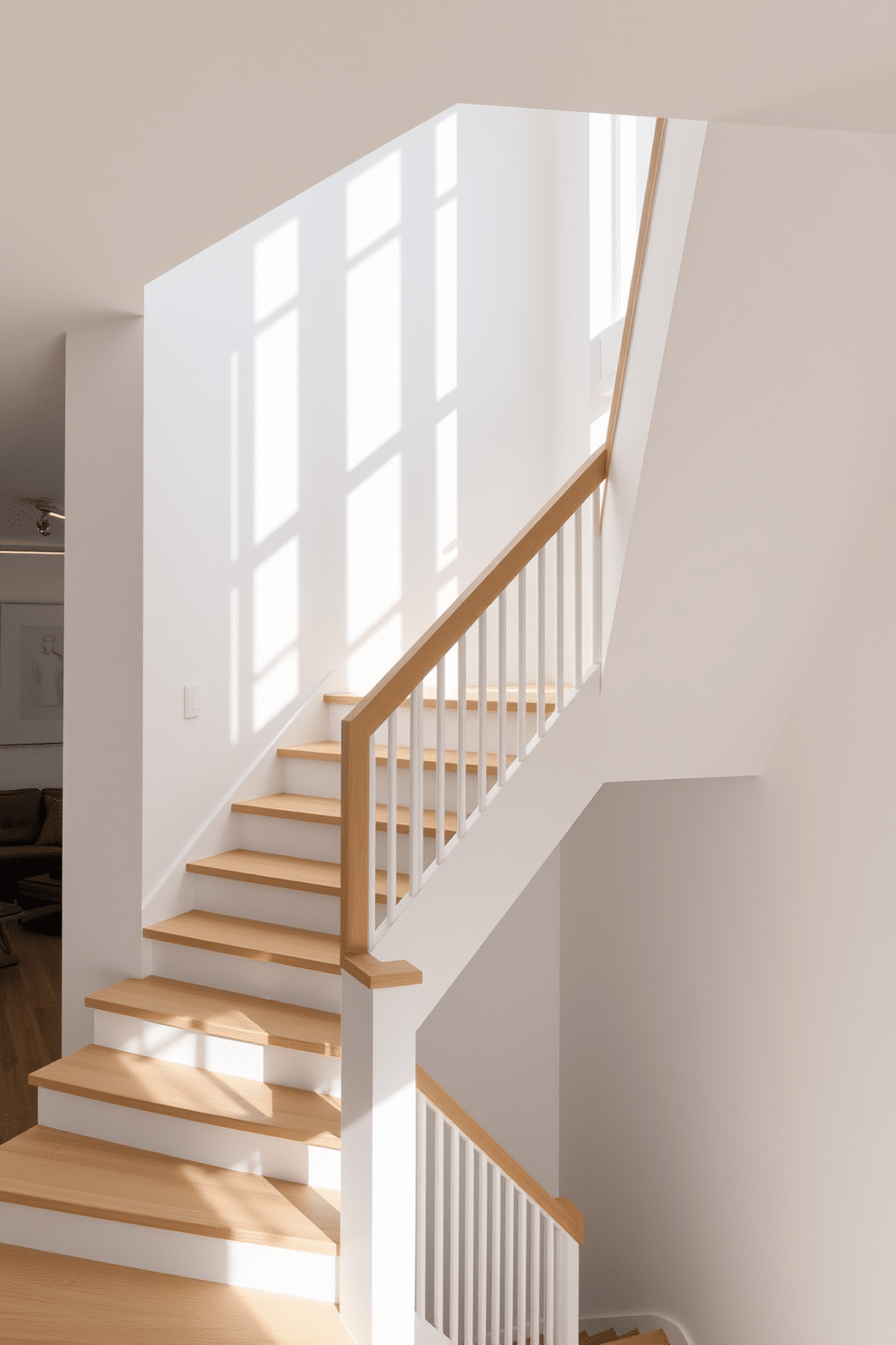 A Scandinavian-style white staircase features clean lines and a minimalist aesthetic, with natural wood accents that enhance its warmth. The staircase is flanked by a sleek, white railing, and large windows allow ample natural light to illuminate the space.