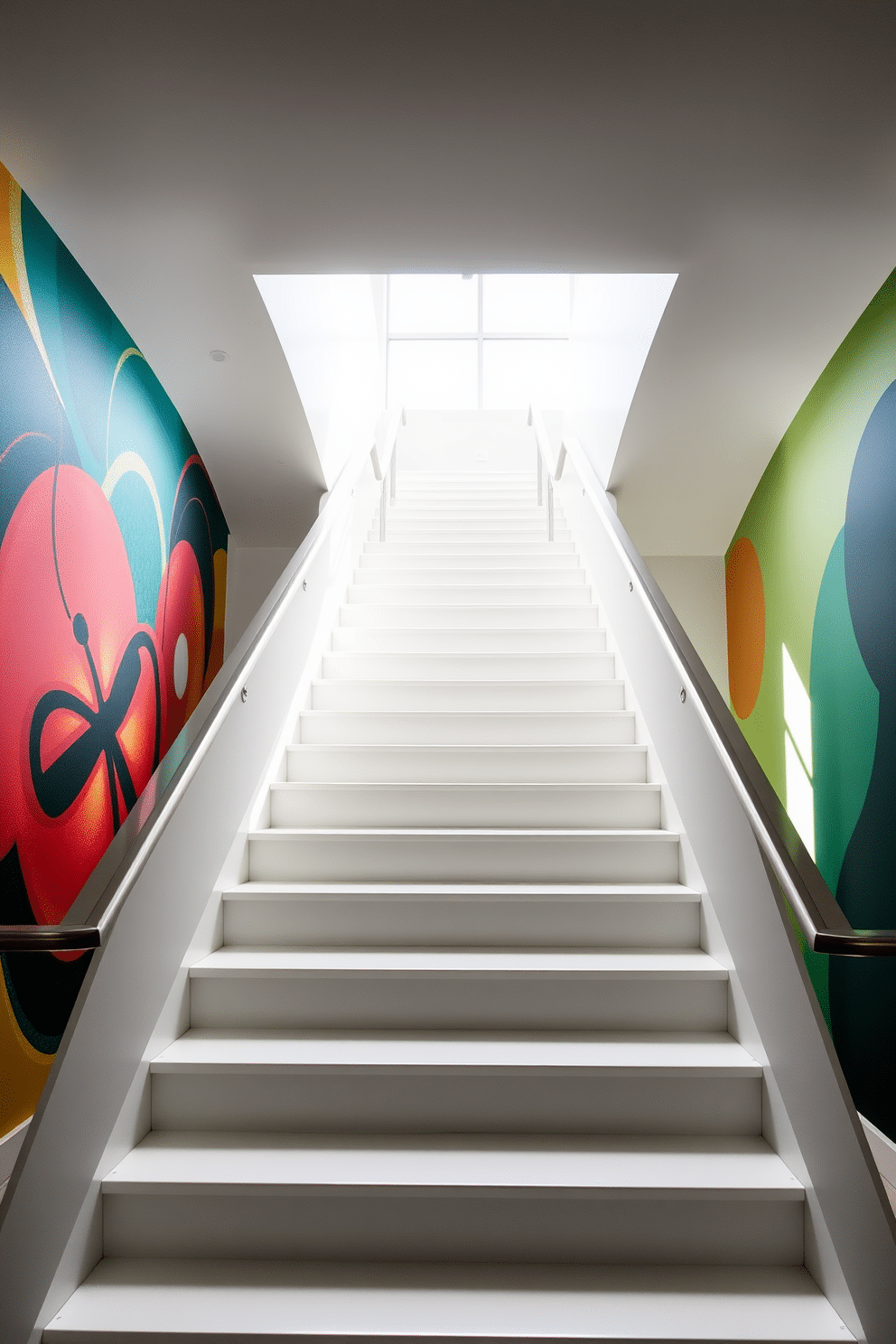 A stunning white staircase ascends gracefully, flanked by vibrant artistic wall murals that bring life to the space. The murals feature abstract designs in bold colors, contrasting beautifully with the sleek, minimalist lines of the staircase. Natural light floods the area, highlighting the intricate details of the staircase's design. Elegant metal railings complement the white steps, creating a harmonious blend of modern aesthetics and artistic flair.