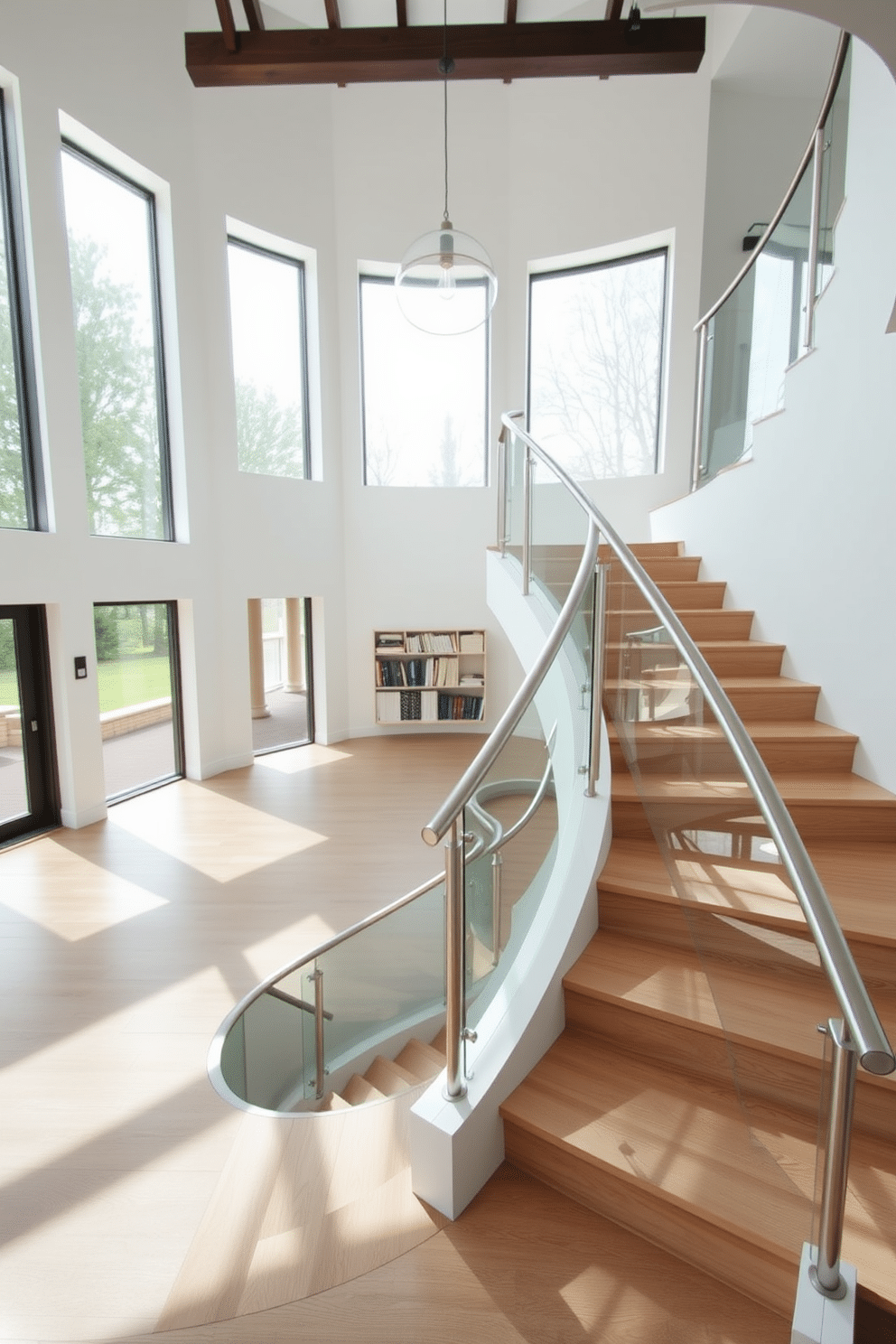 A modern white staircase elegantly curves upwards, featuring sleek stainless steel railings that enhance its contemporary aesthetic. The steps are crafted from polished white oak, creating a seamless blend of warmth and sophistication in the open space. Natural light floods the area through large windows, casting soft shadows on the staircase's clean lines. A minimalist pendant light hangs above, adding a touch of elegance and illuminating the staircase beautifully.