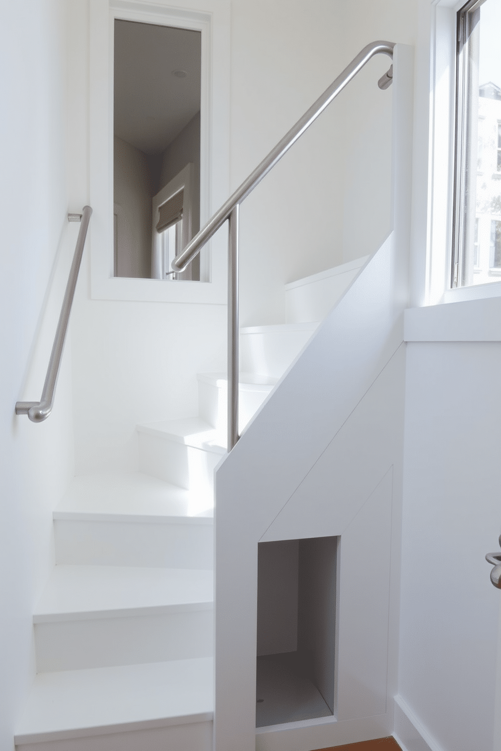 A compact white staircase with a space-saving design features sleek, minimalist steps that seamlessly blend into the surrounding walls. The handrail is a simple yet elegant metal design, providing safety without compromising the airy feel of the space. Natural light floods the area through a nearby window, highlighting the clean lines and bright finish of the staircase. Below the stairs, a small storage nook is cleverly integrated, maximizing functionality in a limited space.