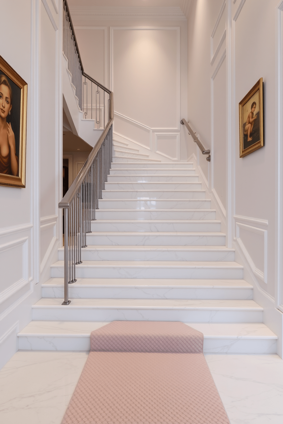 A luxurious white staircase features elegant marble steps that gleam under soft lighting. The balustrade is crafted from polished stainless steel, adding a modern touch to the classic design. The walls flanking the staircase are adorned with tasteful artwork, enhancing the overall aesthetic. A plush runner in a subtle pattern runs down the center, providing warmth and comfort underfoot.