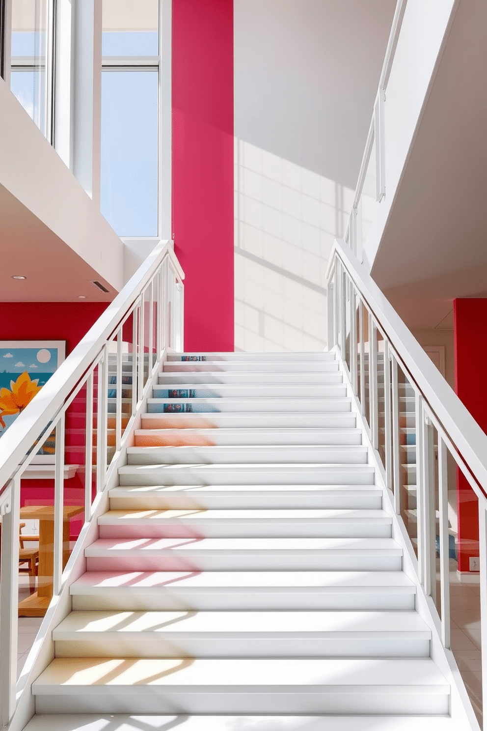 A stunning white staircase features sleek, minimalist railings that enhance its elegance. The walls alongside the staircase are adorned with vibrant accent colors, creating a playful contrast that draws the eye upward. The staircase is illuminated by natural light streaming through large windows, highlighting its clean lines and modern design. Each step is complemented by artwork that reflects the color palette of the accent walls, adding personality and charm to the space.