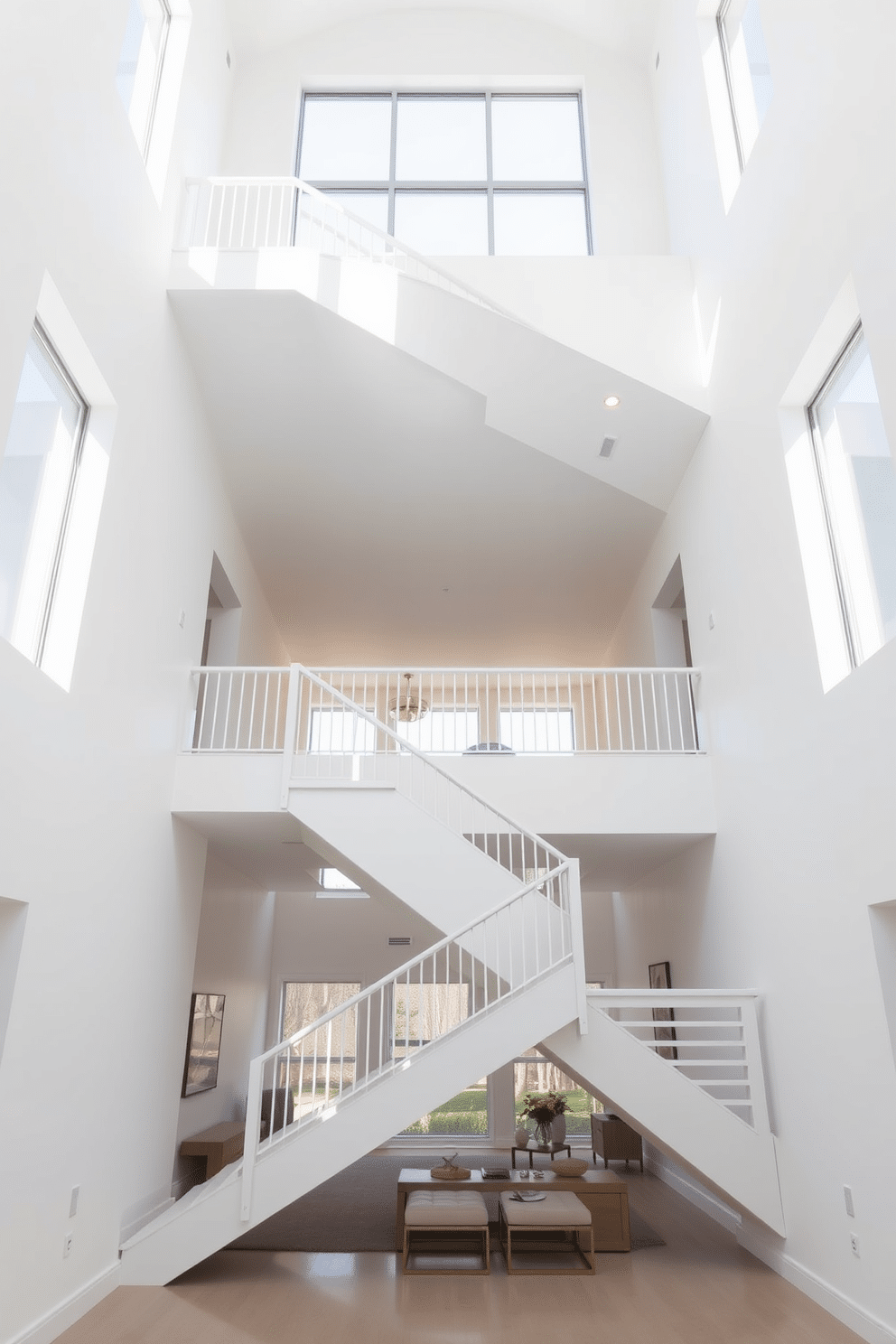 A striking architectural white staircase with angular shapes leads up to a spacious landing. The clean lines and geometric design create a modern aesthetic, enhanced by the bright natural light streaming in through large windows. The staircase features a sleek white railing that complements the minimalist style. Underneath, a small seating area with contemporary furniture adds functionality and warmth to the space.