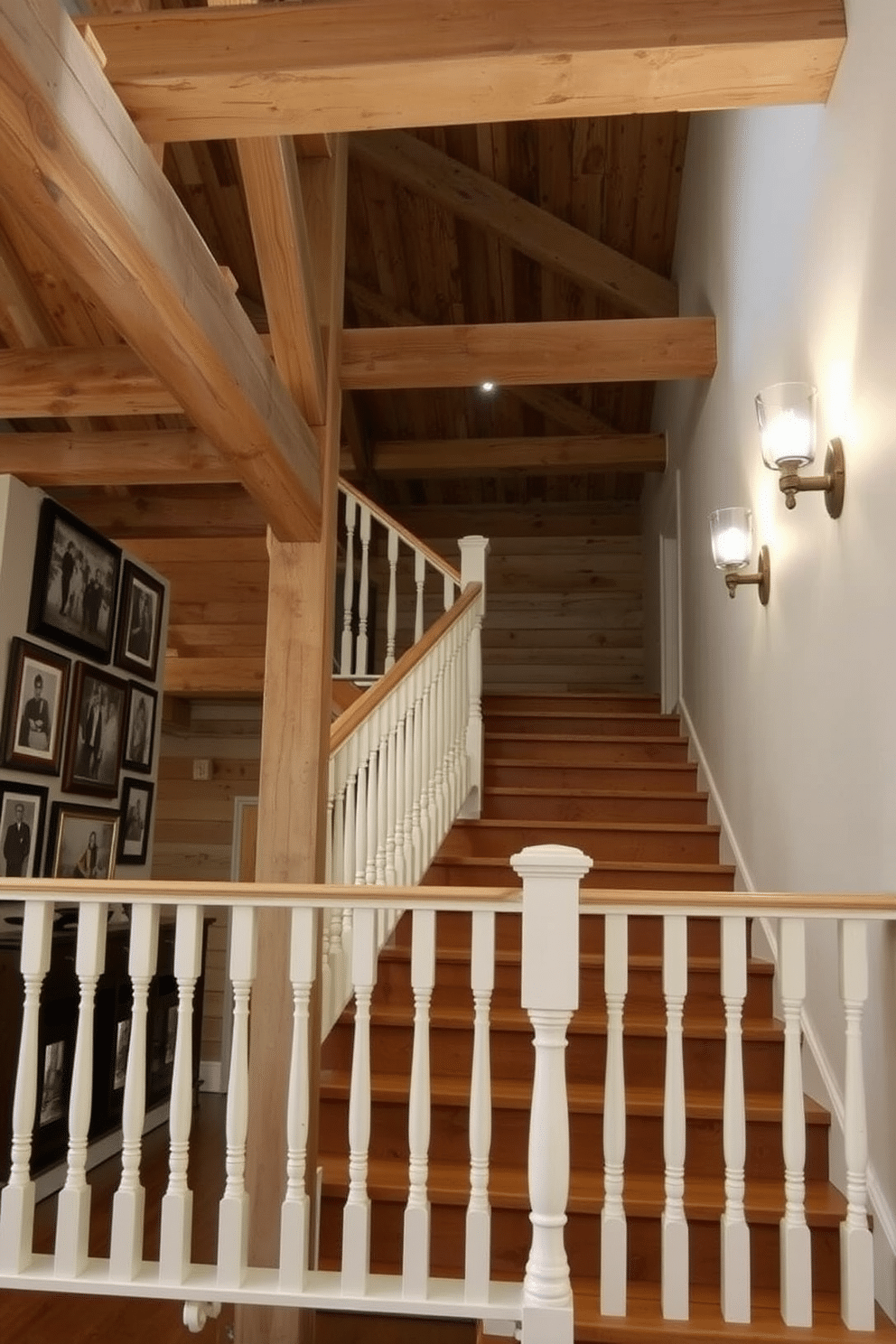 A rustic white staircase made from reclaimed wood features exposed beams and a natural finish that highlights the grain of the wood. The walls are adorned with vintage photographs in distressed frames, enhancing the charm of the space. Bright white balusters contrast beautifully with the warm tones of the reclaimed wood, creating a striking visual effect. Soft, ambient lighting from wall sconces illuminates the staircase, adding a cozy atmosphere to the entryway.