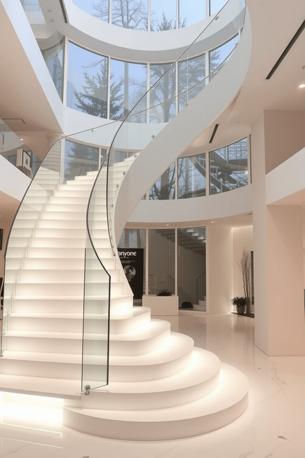 A stunning white staircase that creates a mesmerizing waterfall effect, cascading gracefully from the upper level to the lower floor. The steps are wide and elegantly curved, adorned with sleek glass railings that enhance the sense of openness and light. Soft LED lighting is integrated into the staircase design, illuminating the edges and creating a soft glow that highlights the flowing lines. Surrounding the staircase, a minimalist decor complements the modern aesthetic, with large windows allowing natural light to flood the space.