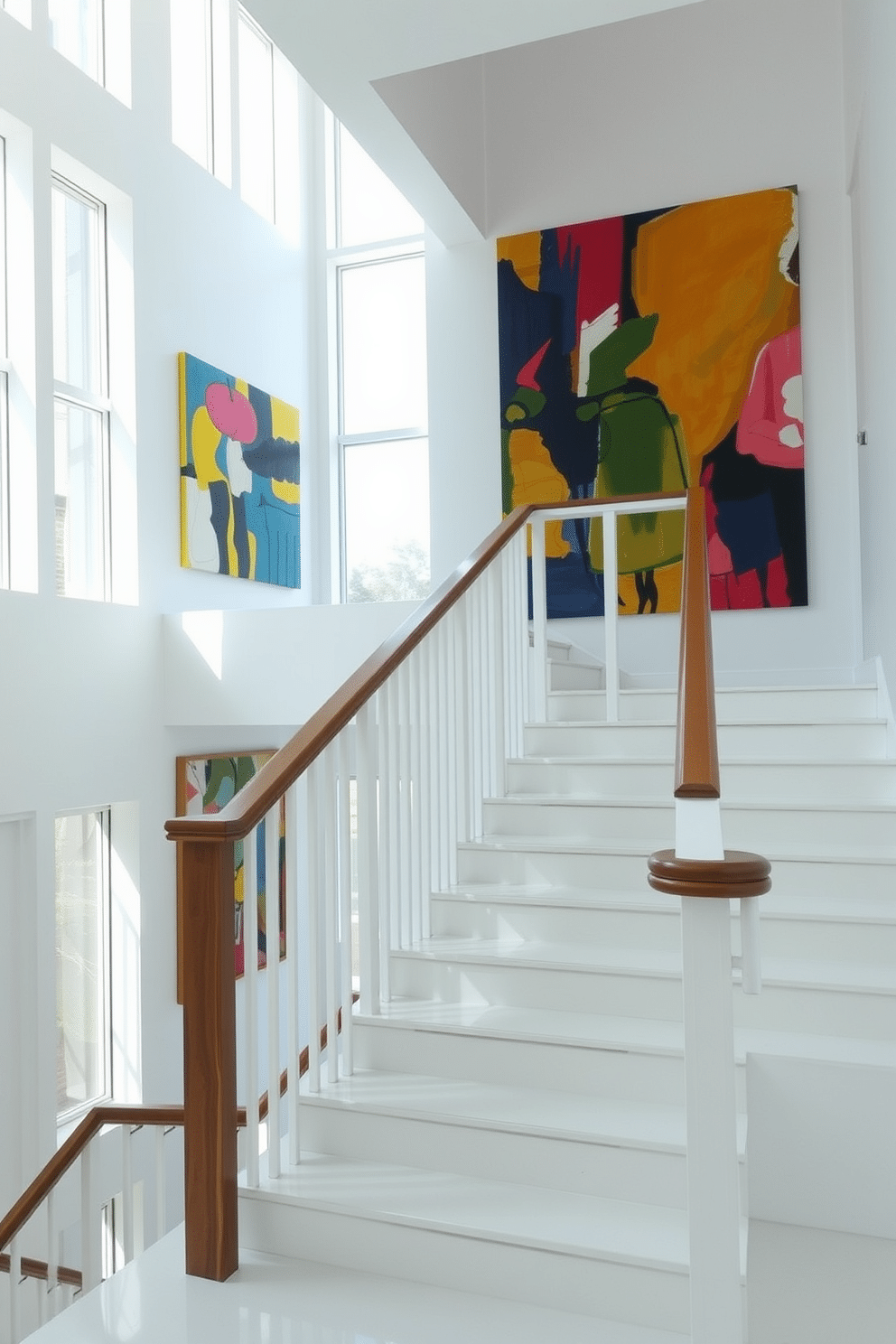 Bright white staircase with vibrant artwork. The staircase features sleek, minimalist railings and a polished wood handrail, creating a contemporary aesthetic. Colorful abstract paintings adorn the walls, adding a lively contrast to the crisp white surroundings. Natural light floods the space through large windows, enhancing the vibrancy of the artwork.