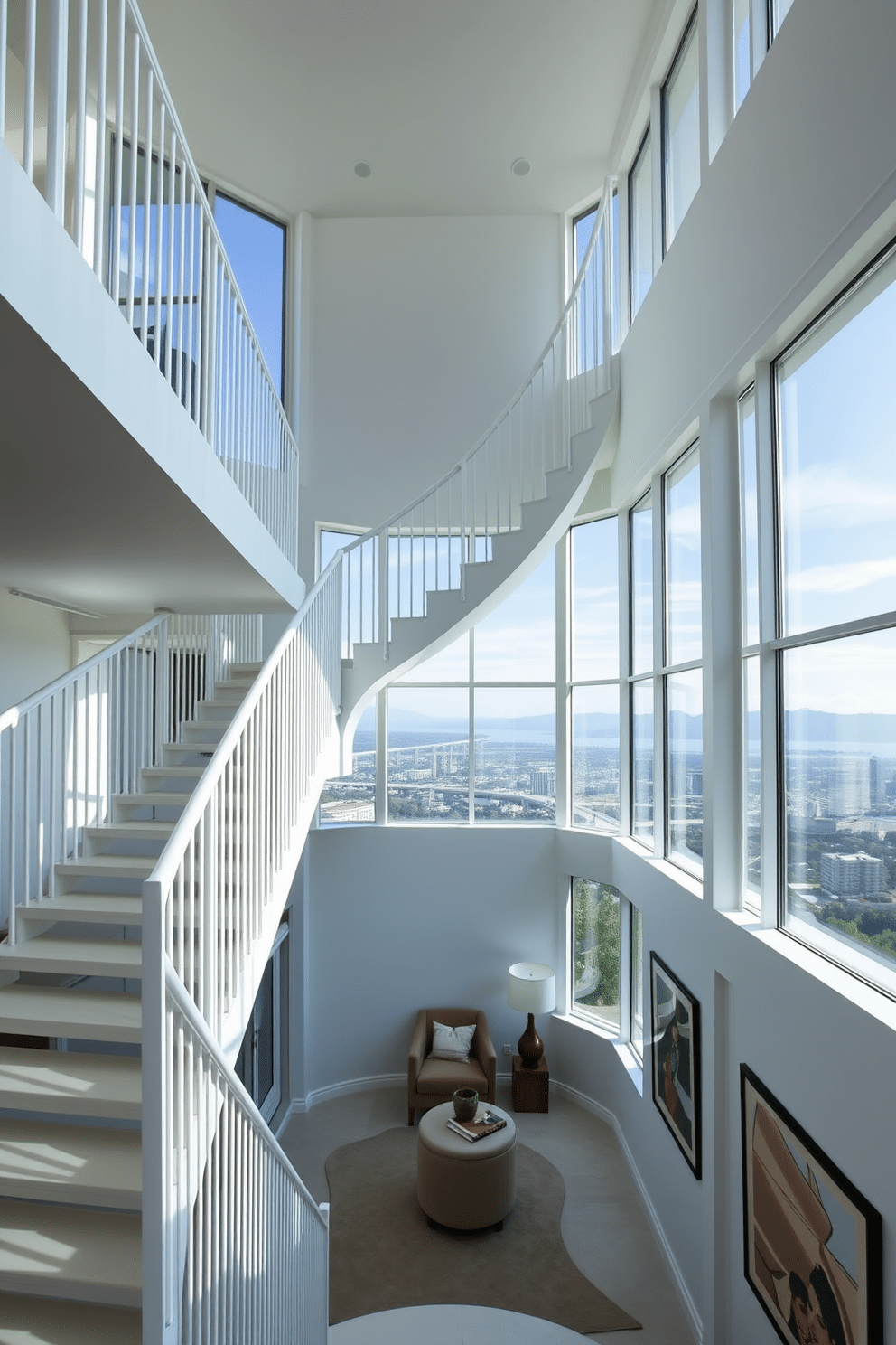 A stunning open white staircase gracefully curves upwards, framed by expansive floor-to-ceiling windows that offer breathtaking panoramic views of the surrounding landscape. The sleek white railings complement the minimalist design, allowing natural light to flood the space and create an airy atmosphere. Beneath the staircase, a cozy reading nook is nestled, featuring a plush armchair and a small side table, perfect for enjoying the view. The surrounding walls are adorned with contemporary art pieces, adding a touch of sophistication to the overall design.