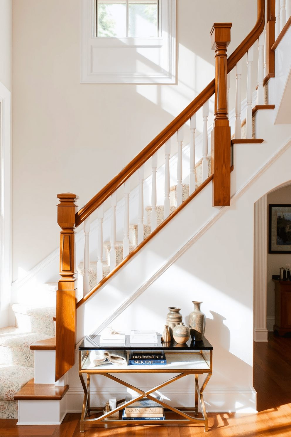 A stylish white staircase features decorative risers adorned with intricate patterns that add visual interest. The balustrade is elegantly crafted from polished wood, contrasting beautifully with the crisp white of the staircase. Natural light floods the space, highlighting the staircase's clean lines and inviting atmosphere. At the base, a chic console table displays a curated selection of decor items, enhancing the overall aesthetic.