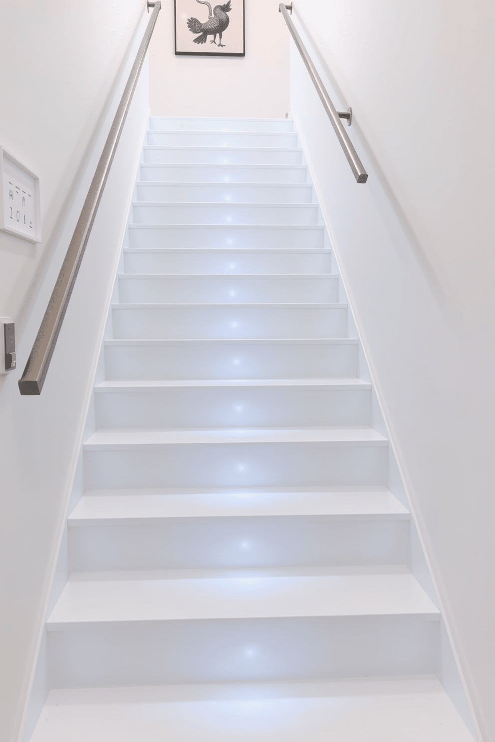 A sleek white staircase ascends gracefully, featuring integrated LED lighting that illuminates each step for a modern touch. The handrail, crafted from polished stainless steel, complements the minimalist aesthetic, while the surrounding walls are adorned with subtle artwork that enhances the contemporary feel.