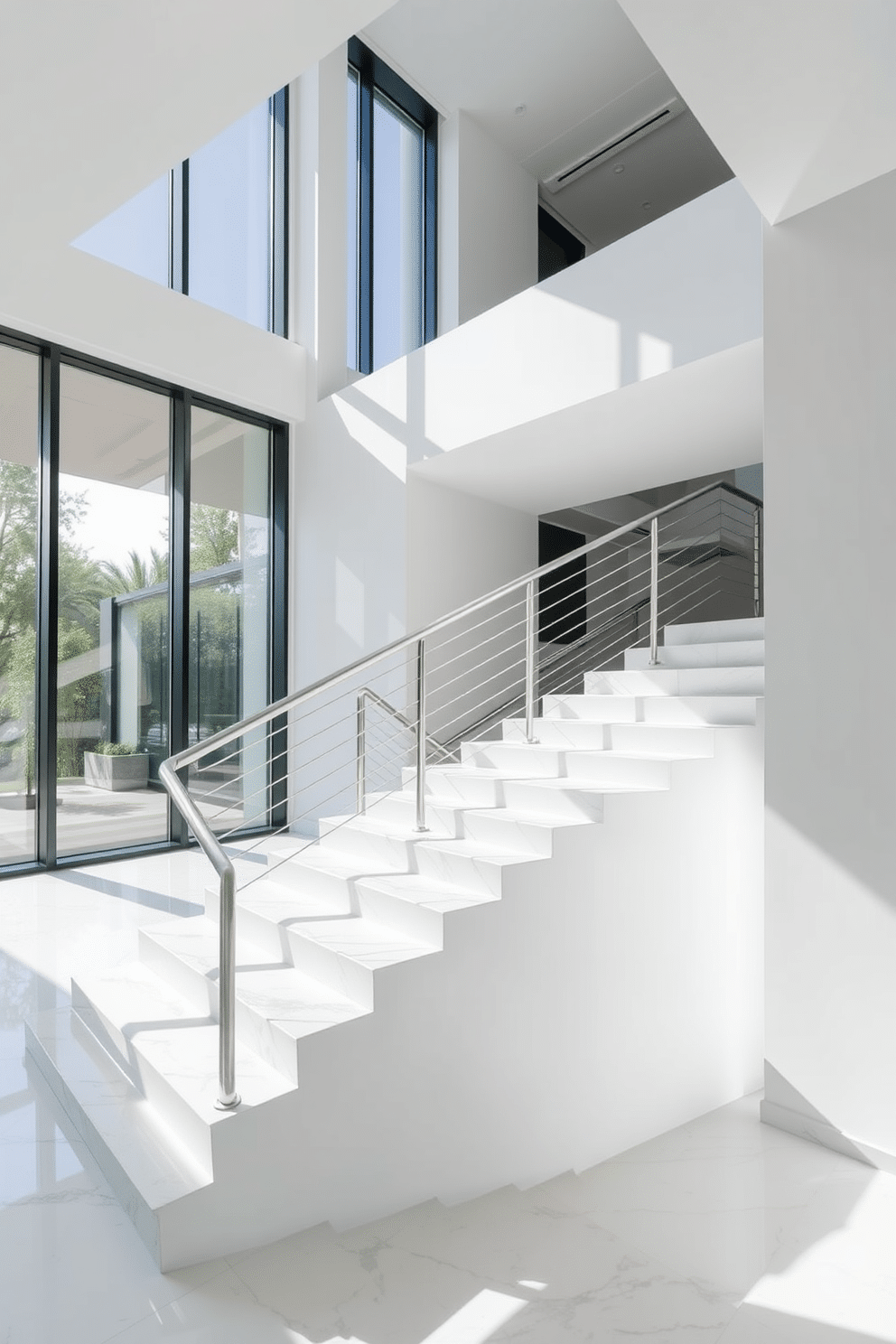 A striking white staircase features a bold geometric design, with sharp angles and clean lines that create a modern aesthetic. The staircase is illuminated by natural light streaming through large windows, enhancing its minimalist appeal. The treads are made of polished white marble, while the risers are adorned with a sleek matte finish. A stainless steel railing complements the design, adding a touch of sophistication and ensuring safety without compromising the visual impact.