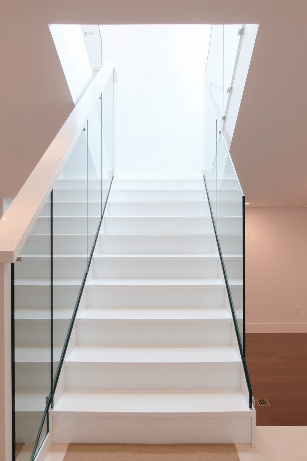 A chic white staircase features sleek glass side panels that create an open and airy feel. The steps are designed with a smooth, glossy finish, reflecting light beautifully and enhancing the modern aesthetic. The staircase is complemented by minimalist lighting fixtures that highlight its elegant lines. A subtle runner adds a touch of warmth, contrasting with the crisp white and transparent elements.