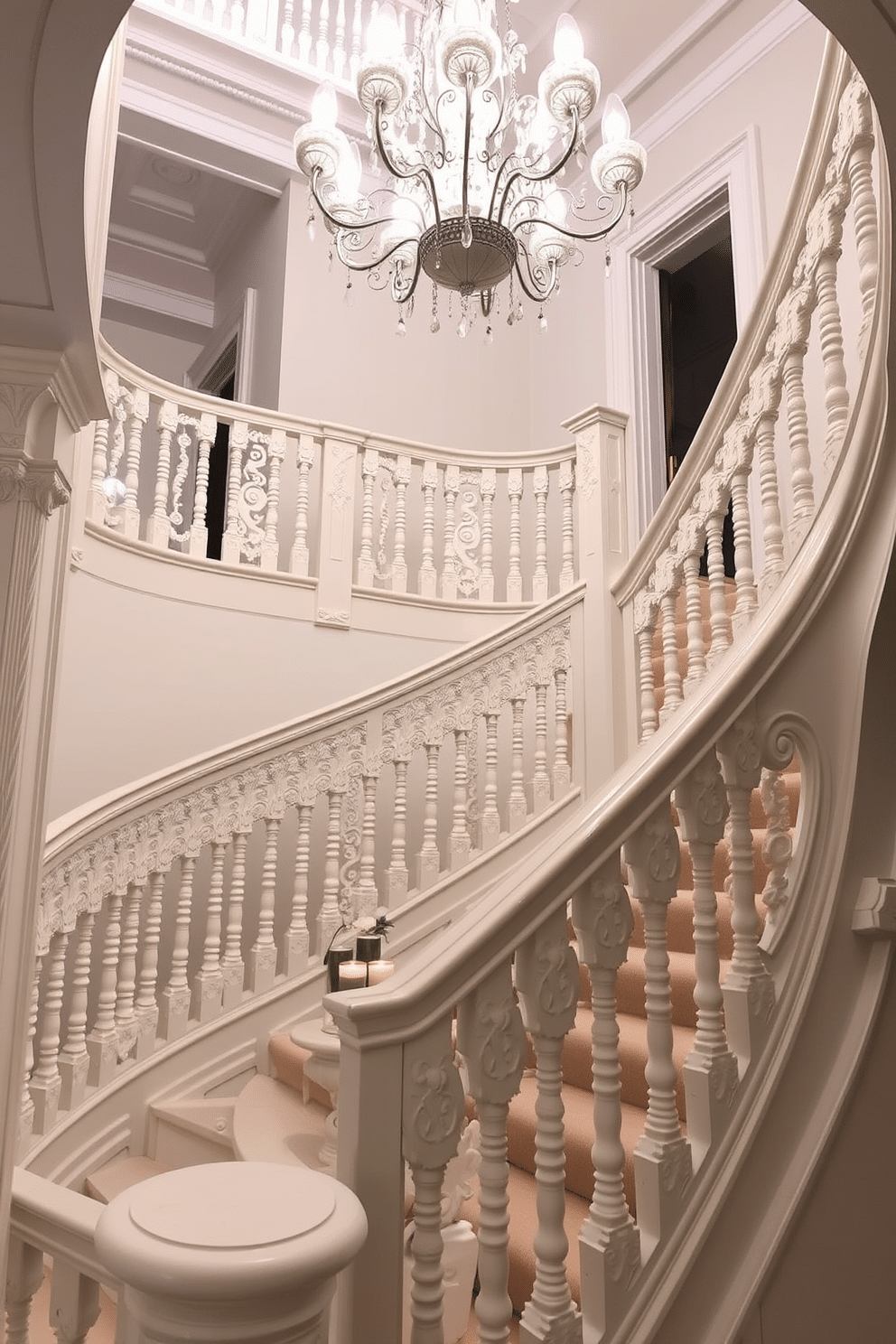 A classic white staircase with intricate carved details, featuring a graceful curve that leads to an upper landing. The balustrade showcases ornate spindles and a polished handrail, while the staircase is illuminated by a stunning chandelier overhead.