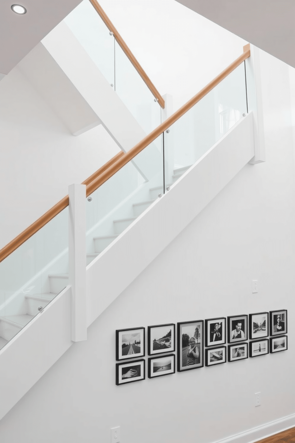 A striking white staircase features a sleek, minimalist design that seamlessly blends traditional elements with contemporary flair. The balustrade is crafted from glass, allowing light to flow freely while the wooden handrail adds warmth and character. The staircase is illuminated by strategically placed LED lights that highlight its clean lines and elegant curves. Below, a small, curated gallery of black-and-white photographs lines the wall, creating a stunning visual contrast against the crisp white backdrop.