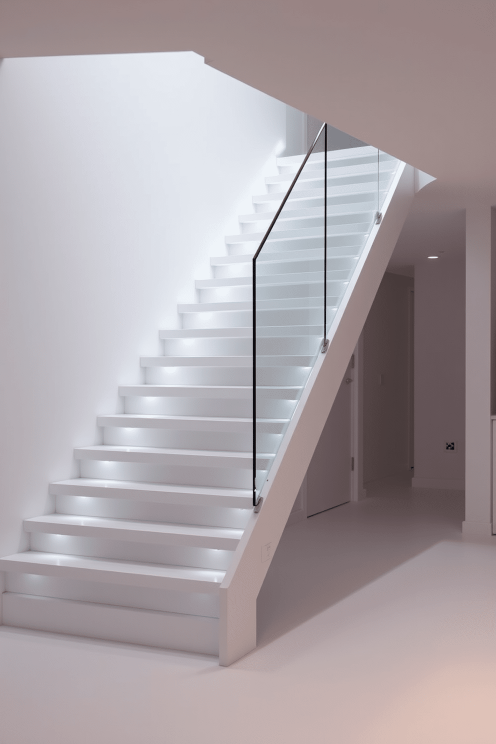 A stunning floating white staircase elegantly ascends, illuminated by soft LED lighting that highlights its sleek lines. The staircase features minimalist design elements, with open risers and a glass railing that enhances the sense of space and light.