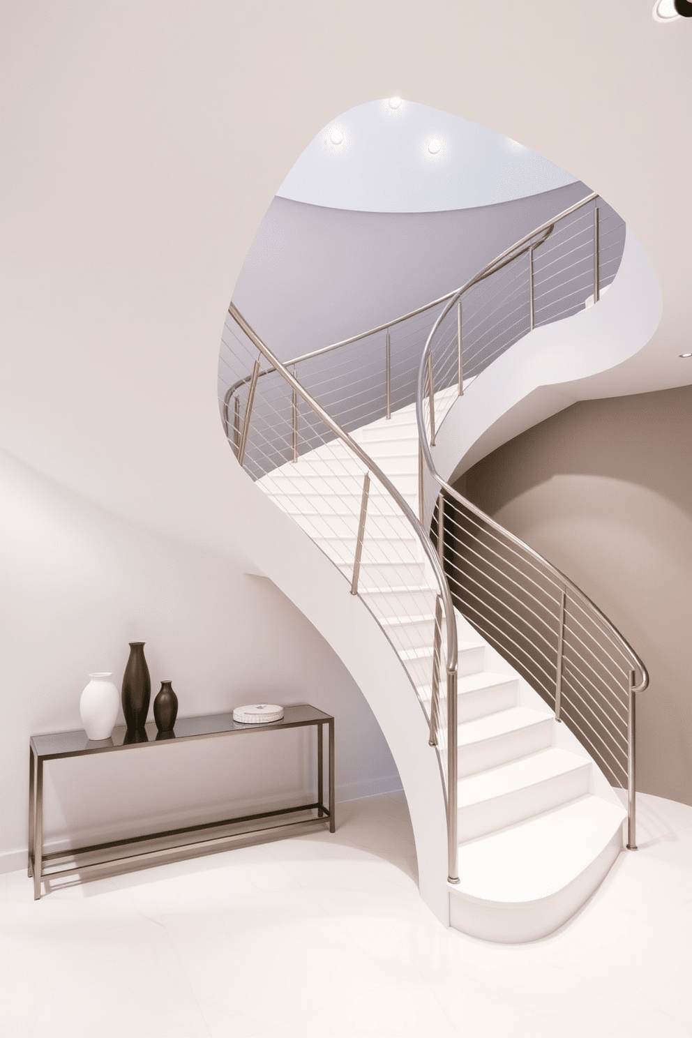 A stunning curved white staircase gracefully winds its way upward, featuring sleek metal accents that enhance its modern aesthetic. The staircase is illuminated by soft, recessed lighting, casting a warm glow on the smooth, white surface. The elegant metal railing complements the staircase's curves, adding a touch of sophistication to the overall design. Below, a minimalist console table is placed against the wall, adorned with decorative objects that reflect the staircase's contemporary style.