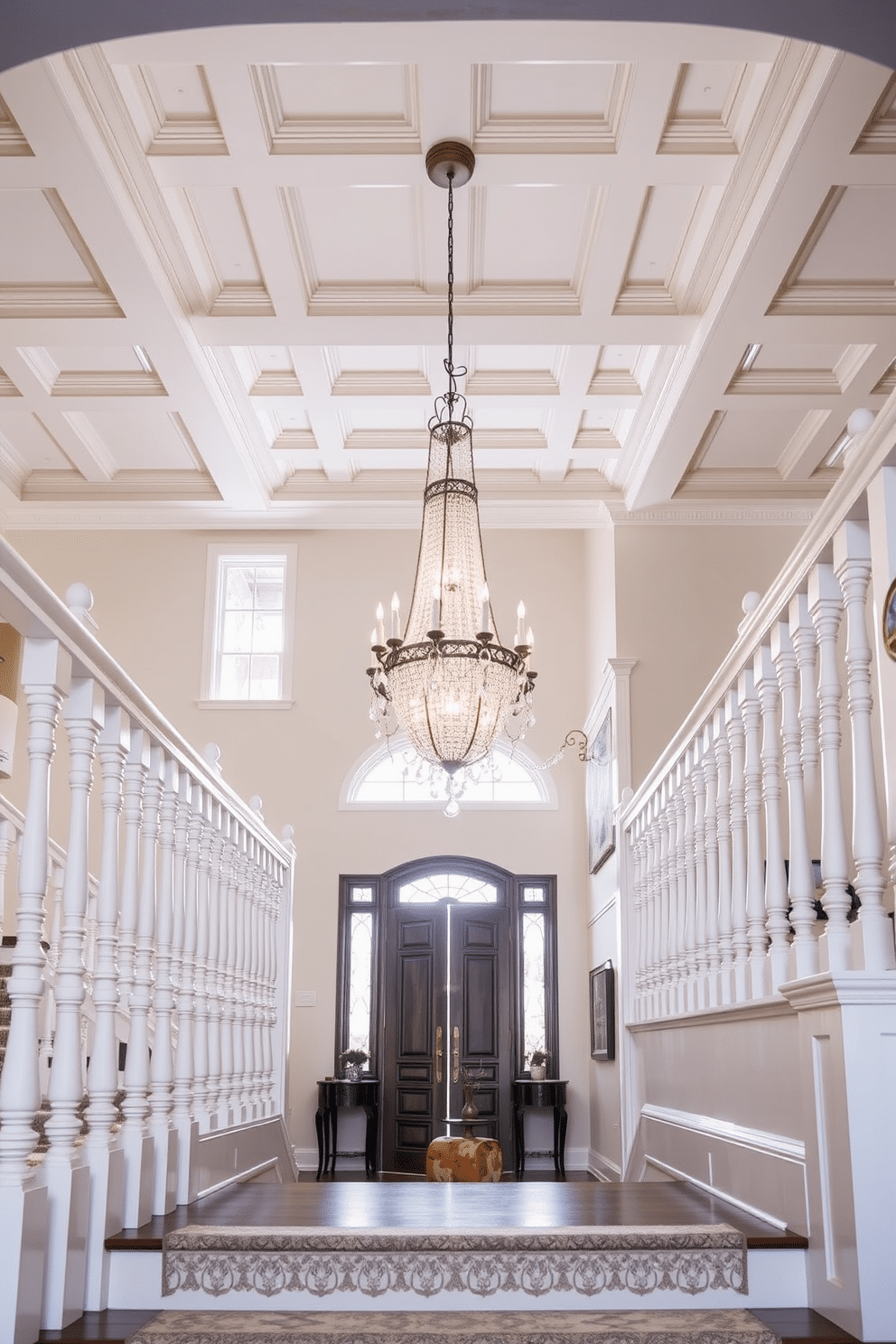 A traditional white staircase featuring intricate balusters that showcase detailed craftsmanship. The staircase is illuminated by a large chandelier hanging from a coffered ceiling, creating an elegant focal point in the entryway.