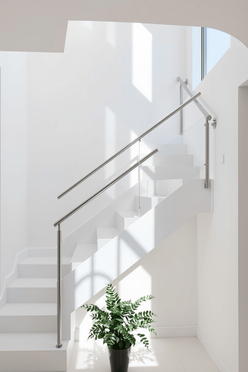 Contemporary white staircase with open risers. The staircase features sleek lines and a minimalist design, allowing natural light to flood through the space and highlight the elegant materials used. The open risers create an airy feel, while the handrail is crafted from polished stainless steel for a modern touch. Below the staircase, a small potted plant adds a splash of greenery, enhancing the overall aesthetic of the area.