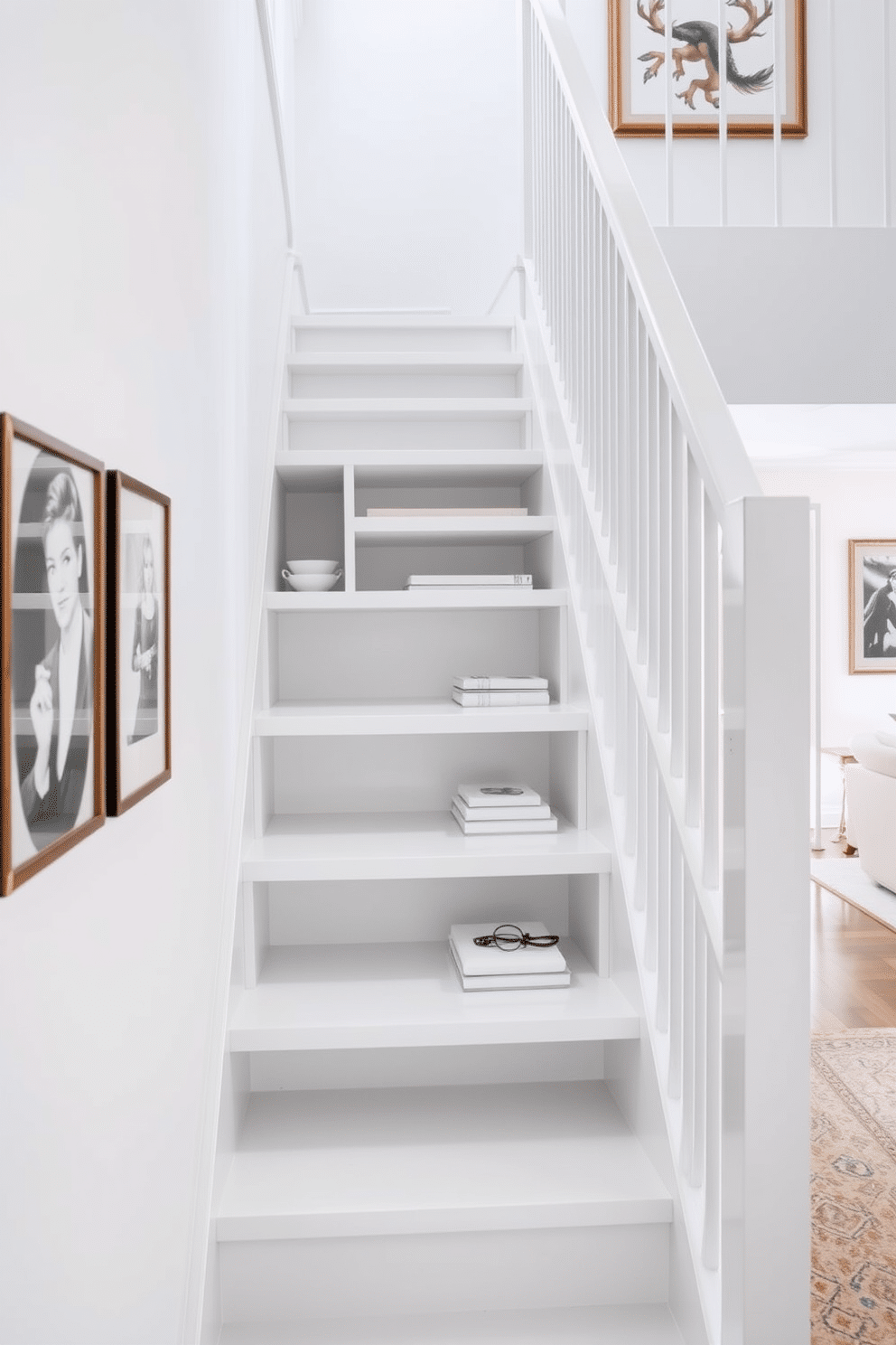 A stunning white staircase ascends gracefully, featuring sleek, built-in storage solutions seamlessly integrated into the design. The storage compartments are crafted with minimalist lines, providing both functionality and aesthetic appeal, while the surrounding walls are adorned with subtle artwork that enhances the overall elegance of the space.