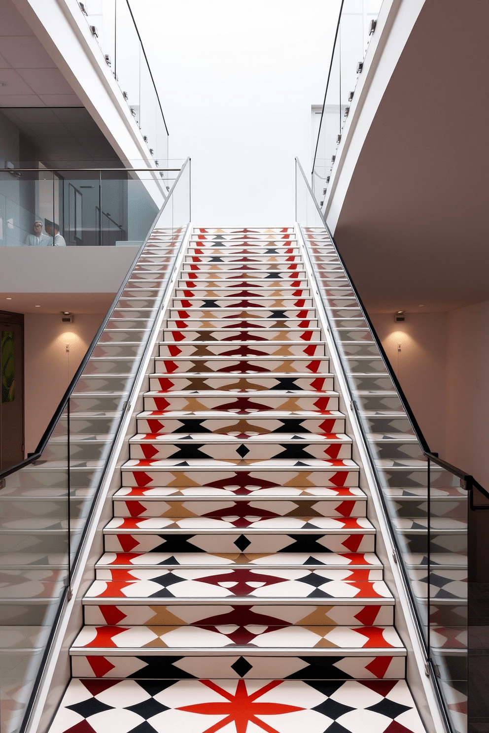 A striking geometric white staircase features bold patterns that create a visual focal point in the space. The treads and risers showcase a mix of contrasting colors, enhancing the modern aesthetic while maintaining a clean, minimalist look. Surrounding the staircase, sleek glass railings provide an unobstructed view, allowing the intricate design to take center stage. Soft, ambient lighting illuminates the staircase, highlighting the patterns and creating an inviting atmosphere.