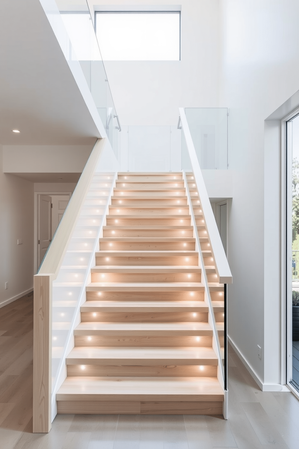 A stunning white staircase with a sleek glass balustrade creates an airy and modern focal point in the entryway. The steps are crafted from polished white oak, seamlessly blending elegance with functionality, while the glass panels allow natural light to flow through the space. The staircase features minimalist design elements, with clean lines and a floating appearance that enhances the contemporary aesthetic. Soft LED lighting is integrated along the edges of the steps, illuminating the path and adding a warm ambiance to the surroundings.