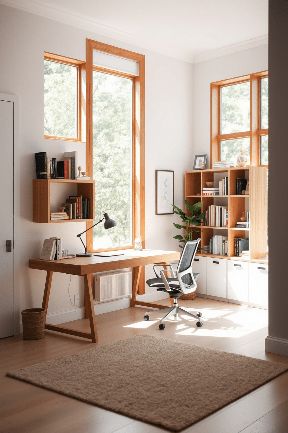 Bright white walls with wooden accents create a serene and inviting atmosphere. A sleek wooden desk sits against the wall, paired with a comfortable ergonomic chair, while shelves filled with books and decorative items add character to the space. Natural light floods the room through large windows, enhancing the airy feel. A soft area rug in neutral tones anchors the space, providing warmth and texture underfoot.