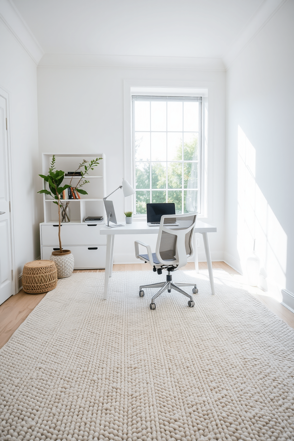 A serene white study room featuring a textured white rug that adds warmth and comfort to the space. The room is adorned with a sleek white desk, complemented by a stylish ergonomic chair and a large window allowing natural light to flood in.