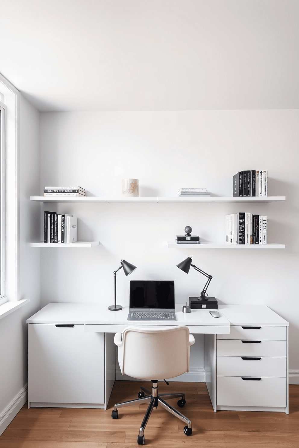 A bright white study room features sleek floating shelves that create a clean and minimalist aesthetic. The walls are painted in a crisp white, and a large window allows natural light to flood the space, enhancing the airy feel. The shelves are adorned with carefully curated books and decorative items, providing both functionality and style. A modern desk with a comfortable chair sits below the shelves, creating an inviting workspace perfect for productivity.