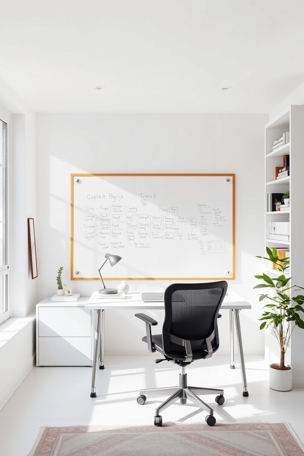 A bright study room featuring a whiteboard wall that serves as a brainstorming space. The room is filled with natural light from large windows, and a sleek, modern desk is positioned in front of the whiteboard. The walls are painted in a soft white, creating an airy atmosphere, while a comfortable ergonomic chair provides support during long study sessions. Shelves lined with books and decorative items add personality, and a potted plant in the corner brings a touch of nature indoors.